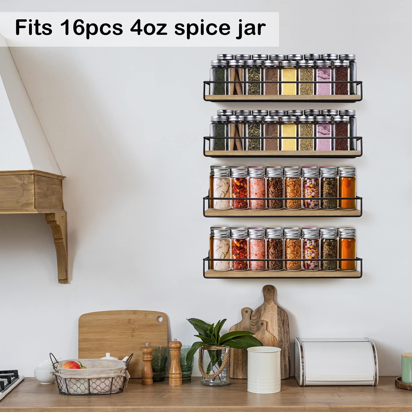 TJ.MOREE 4 Pack Spice Rack Wall Mounted Rustic Style Hanging Spice Organizer for Wall, Kitchen Spice Storage, Black