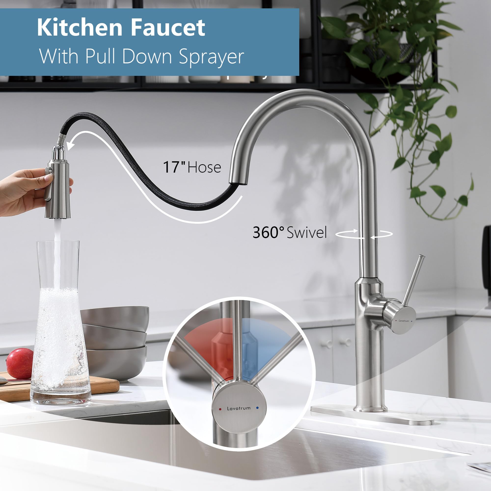 Lavatrum Kitchen Sink Faucets Brushed Nickel, High Arc Single Handle Kitchen Faucet With Pull Down Sprayer, Solid Brass Kitchen
