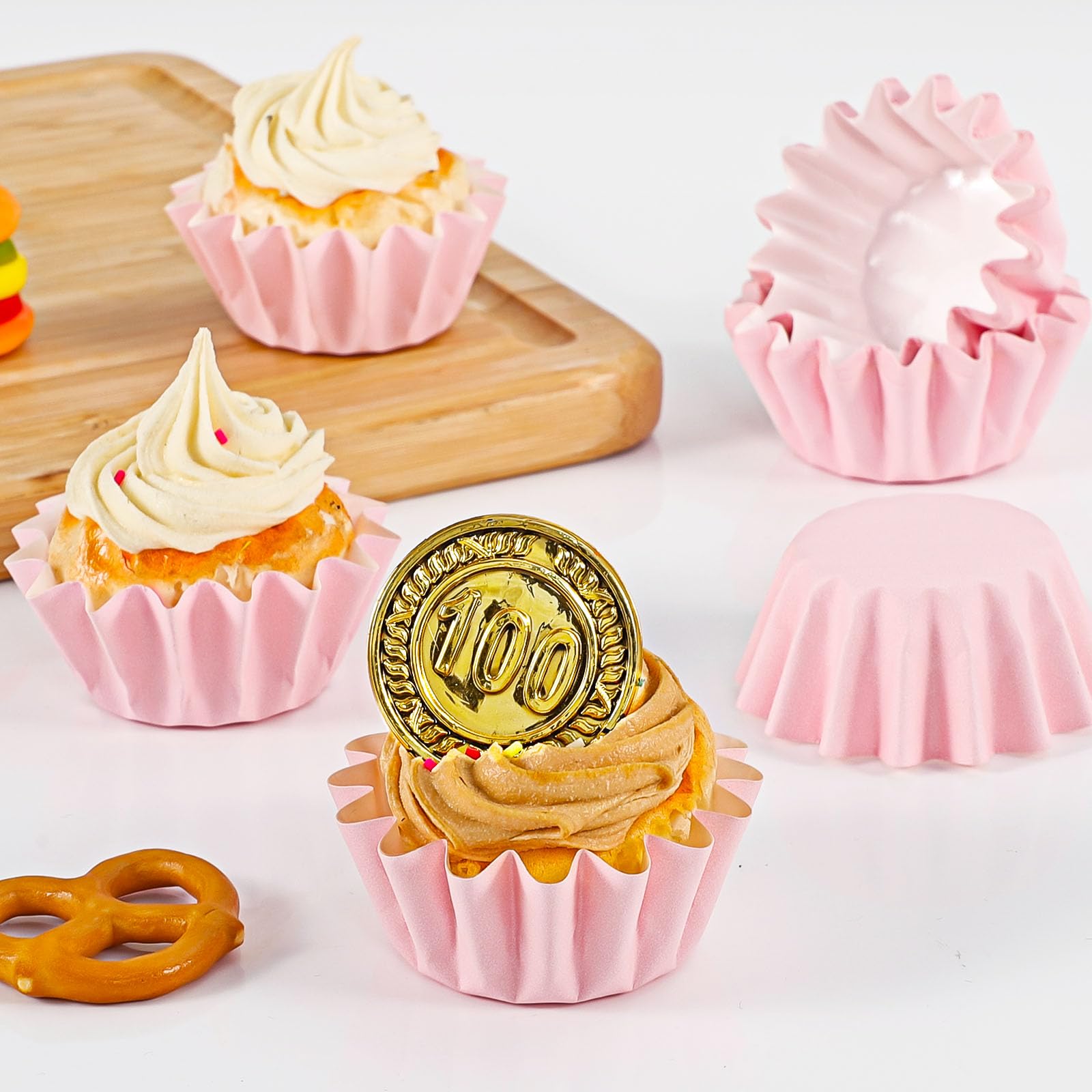 Caperci Grease-Resistant Pink Mini Cupcake Liners 200 Counts - Heavy Duty Paper Muffin Baking Cups, Odorless, No Muffin Pan Need