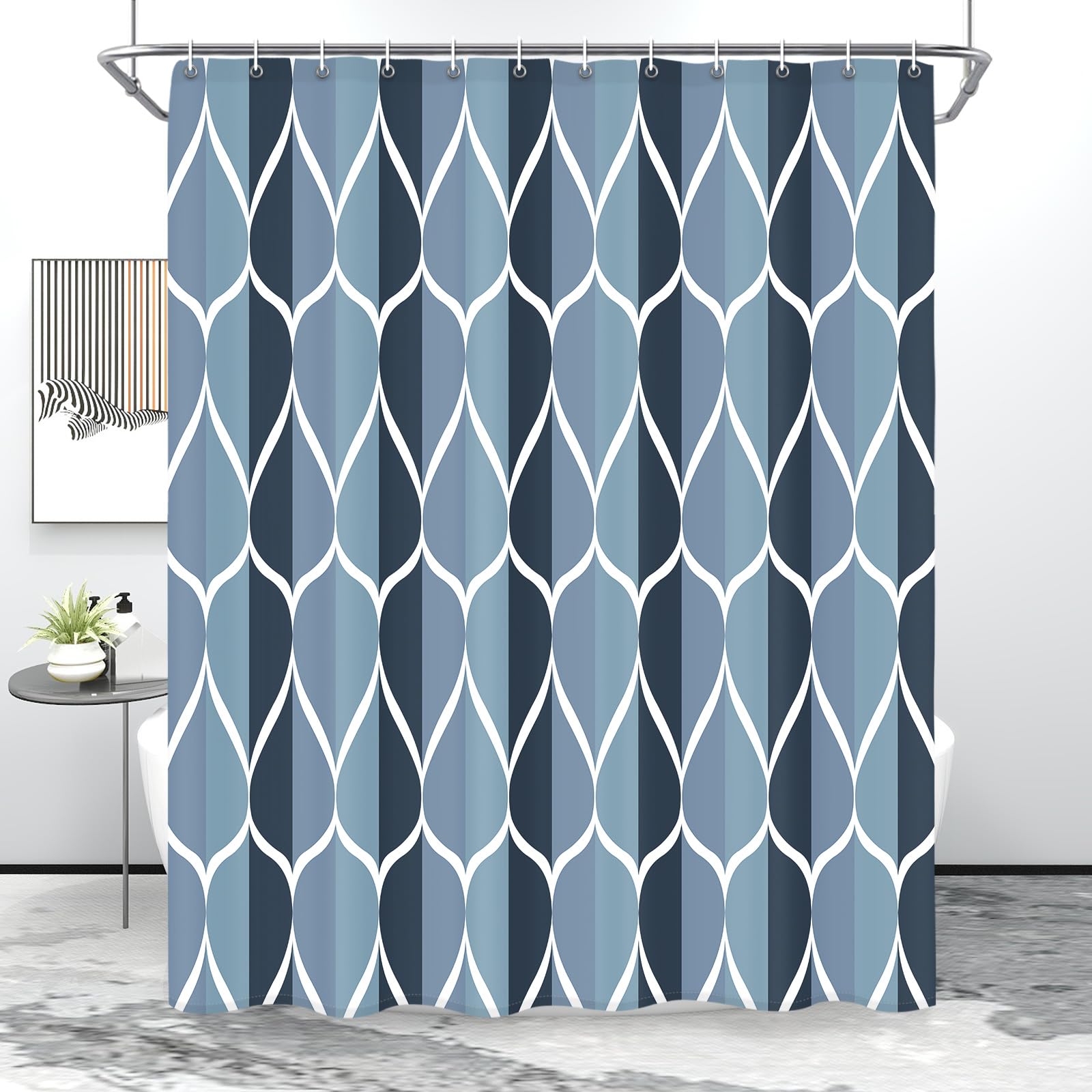 Gelbchu Aegean Blue Geometric Shower Curtain  Waterproof Design and Polyester  Quick-Drying  Weighted Hem  Blue Fabric Shower Curtains Set for Bathroom W 72 x H 72  Durable and Washable with 12 Hooks