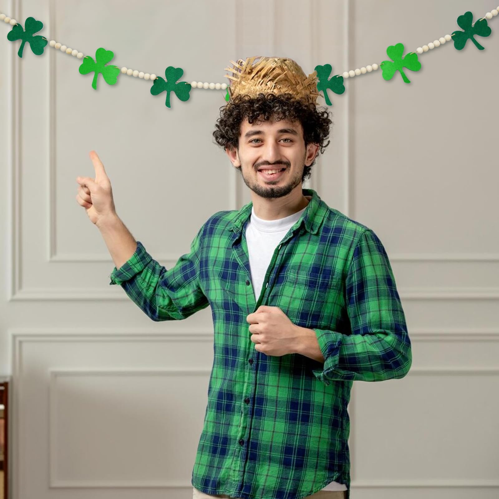 4.2 Ft St. Patrick'S Day Wooden Beads Garland With Clover Charms, Irish-Themed Shamrock Beaded Tiered Tray Decor, Rustic Farmhou