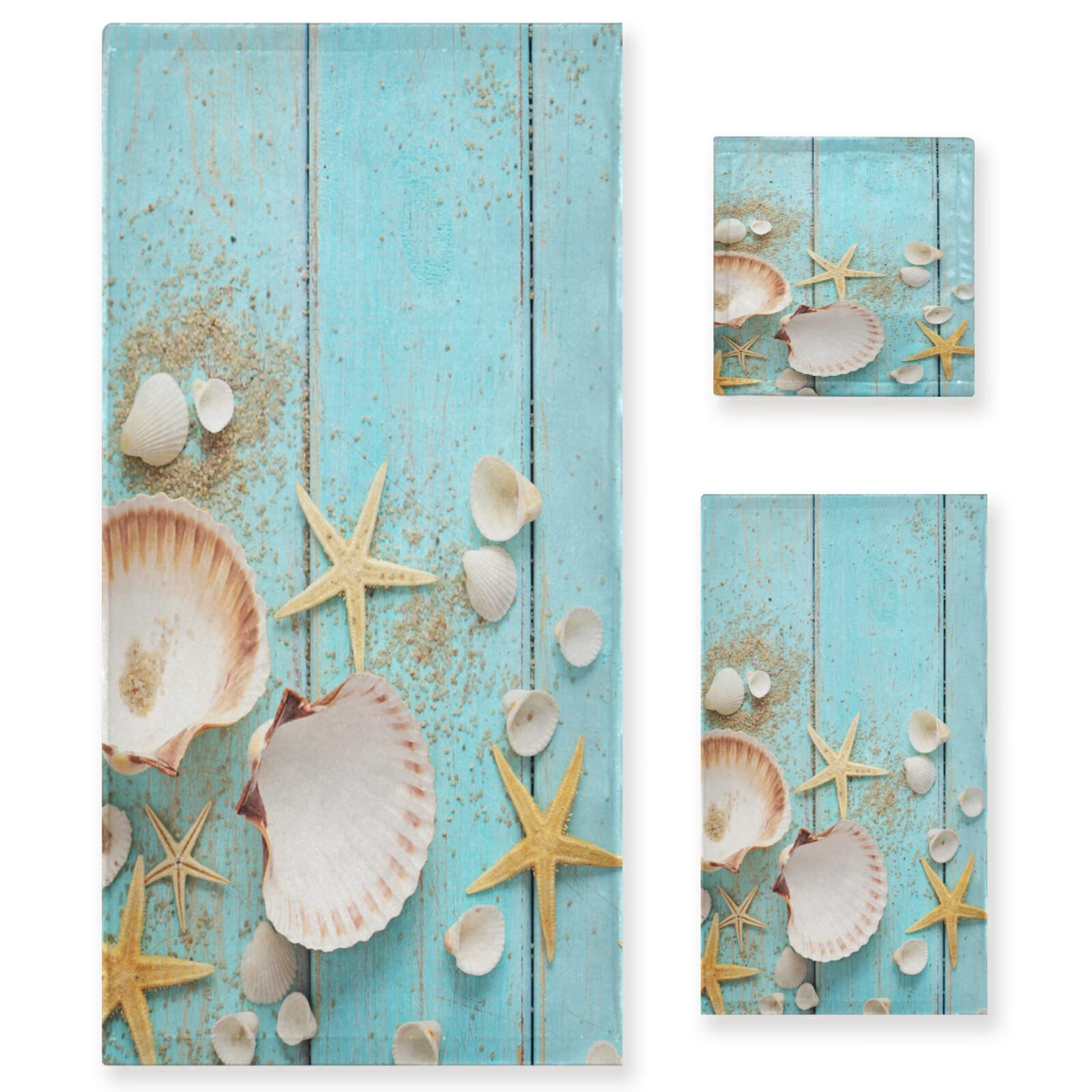 Shells Starfish On Sea Shore Bath Towel Set 3 Ultra Soft Fast Dry Summer Sea Face Towel Absorbent Bathroom Towel Set Shower Hand