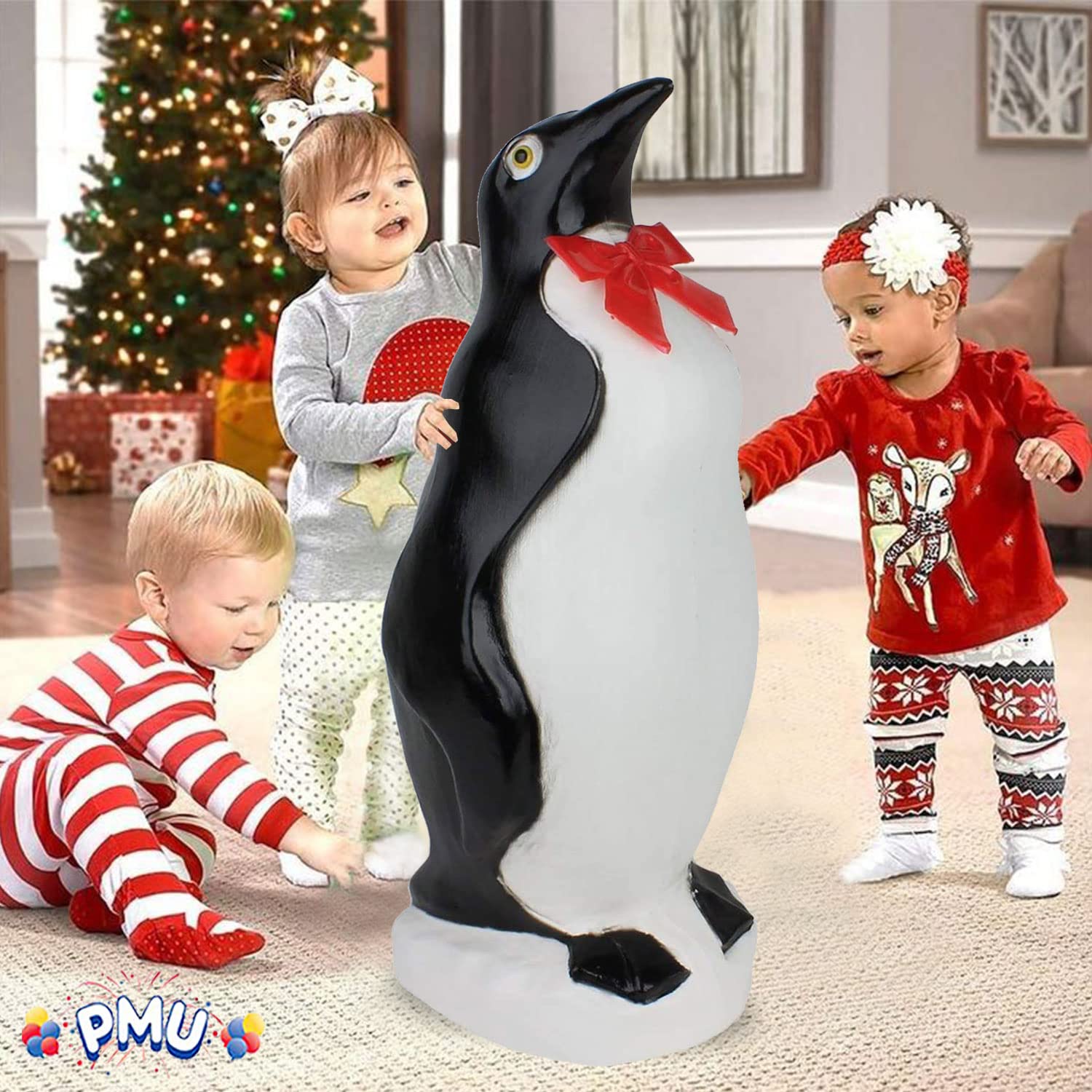 PMU Christmas Light Up Penguin with Bow - Blow Mold Plastic Statue Illuminated with 6  Cord and Light-Perfect Night D  cor for C