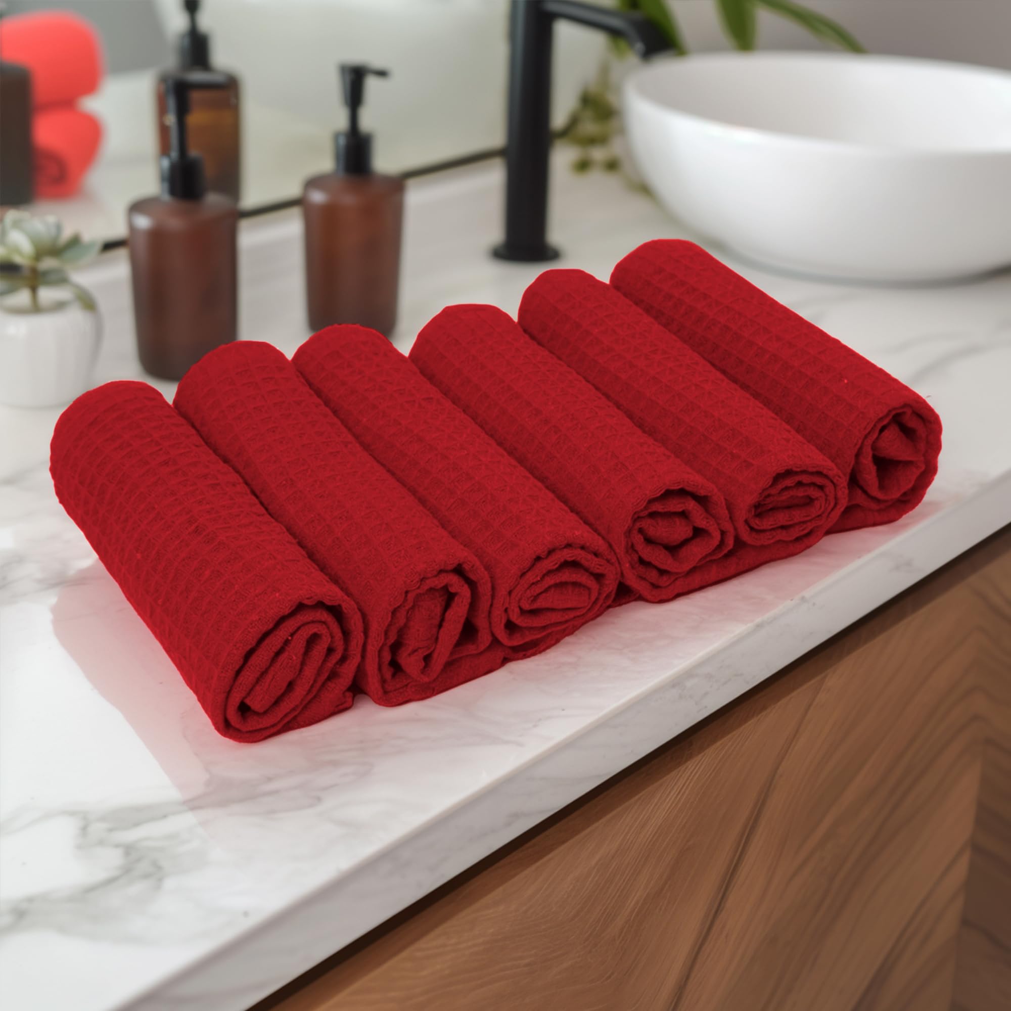 Encasa Xo Face And Hand Towels For Bath, Gym - 30X30 Cm | Red | Set Of 6 - Quick Dry Waffle Weave Face Cloths - Reusable Dishclo