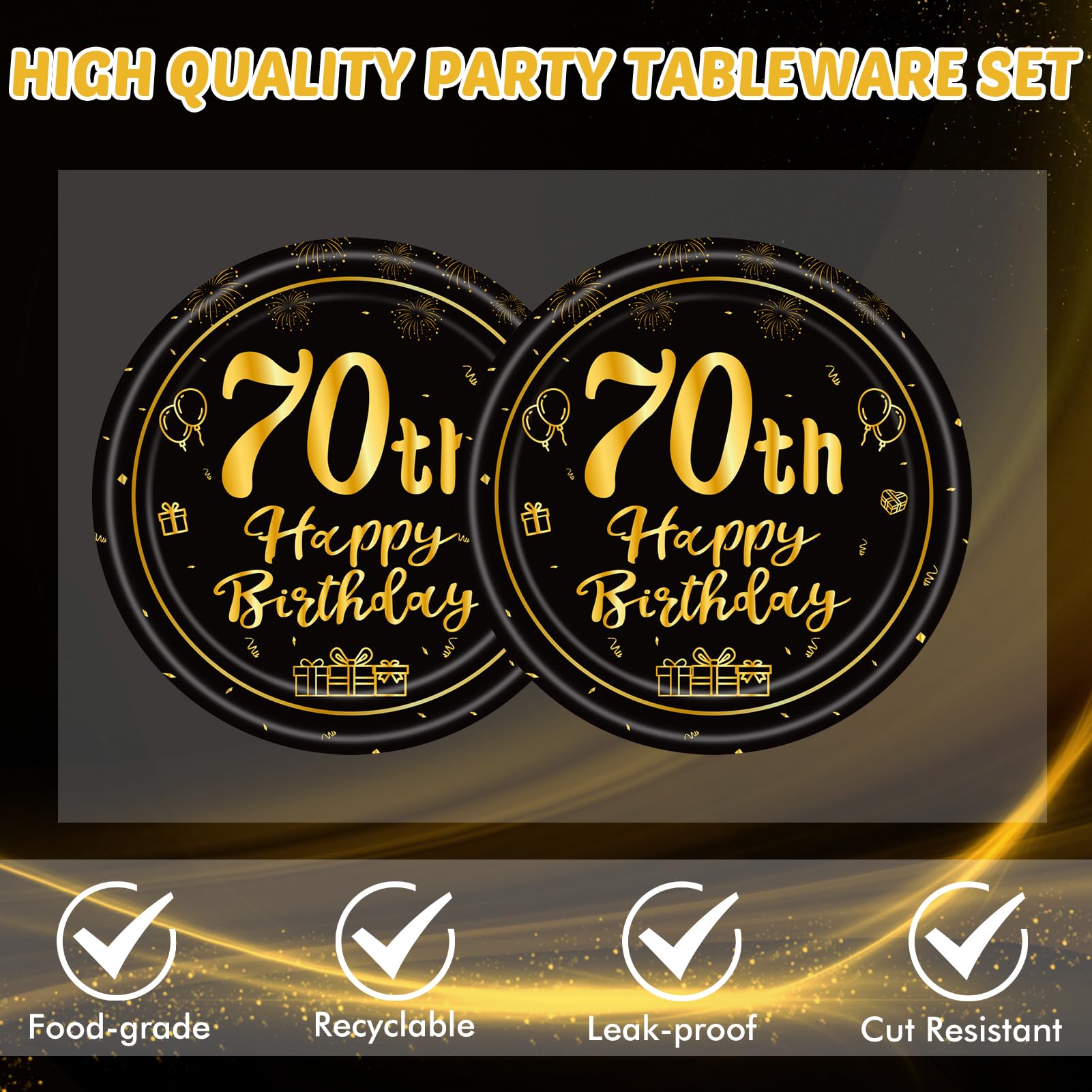 40Pcs 70Th Birthday Decorations,70Th Party Tableware Set Paper Plate Napkin,Black Gold Vintage 1954 Aged To Perfection Table Par