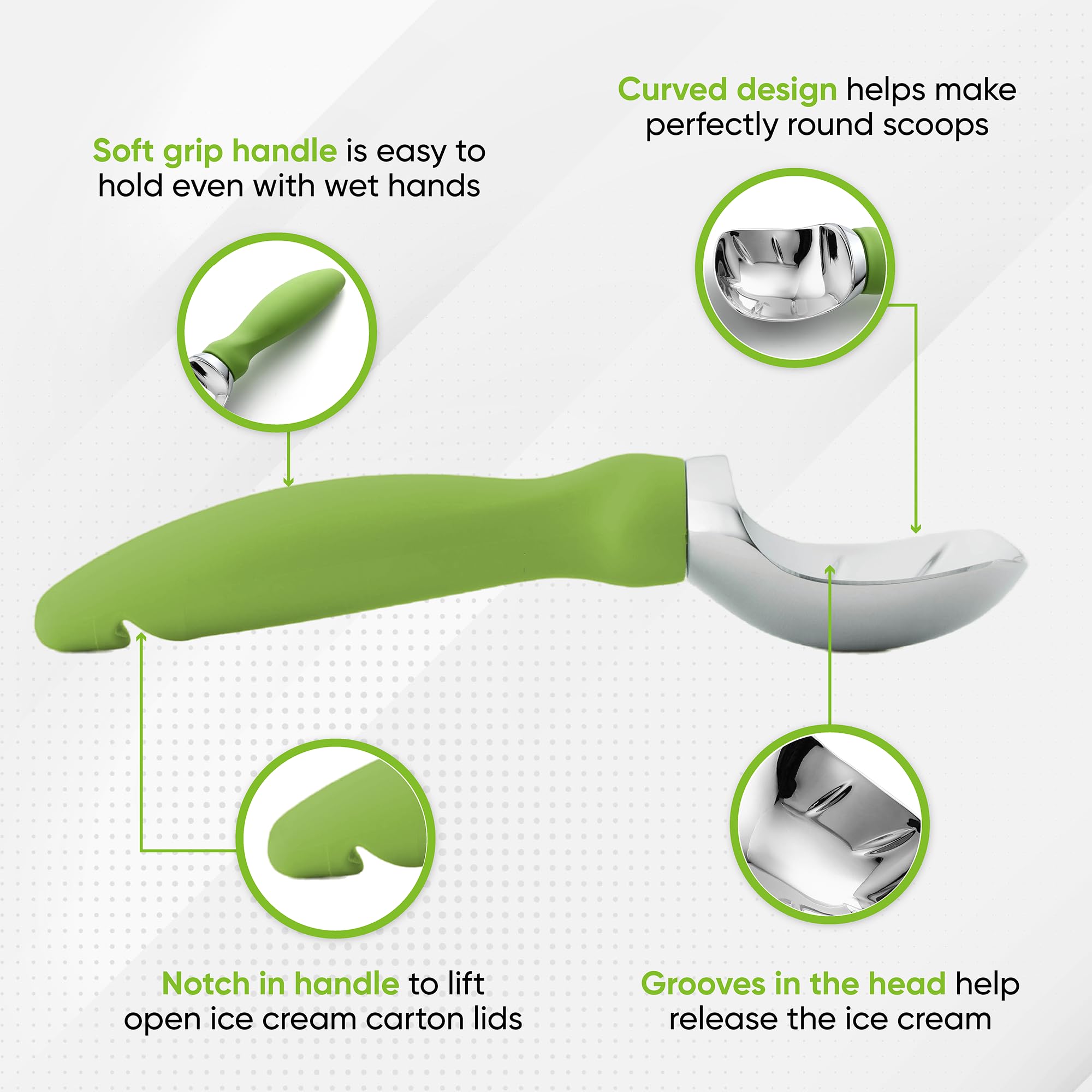 Spring Chef Green Heavy Duty Ice Cream Scoop With Non-Slip Handle, Professional Metal Ice Cream Scooper, Dishwasher Safe Ice Cre