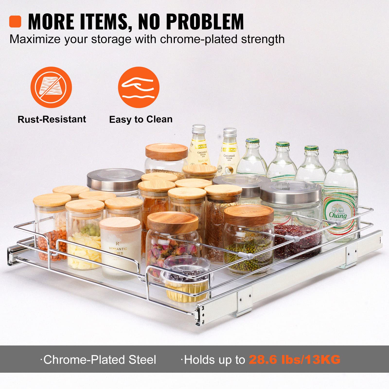 VEVOR Pull Out Cabinet Organizer, Heavy Duty Chrome-Plated Steel, 14"W x 21"D, Ideal for Pantry, Bathroom, Under Sink Storage