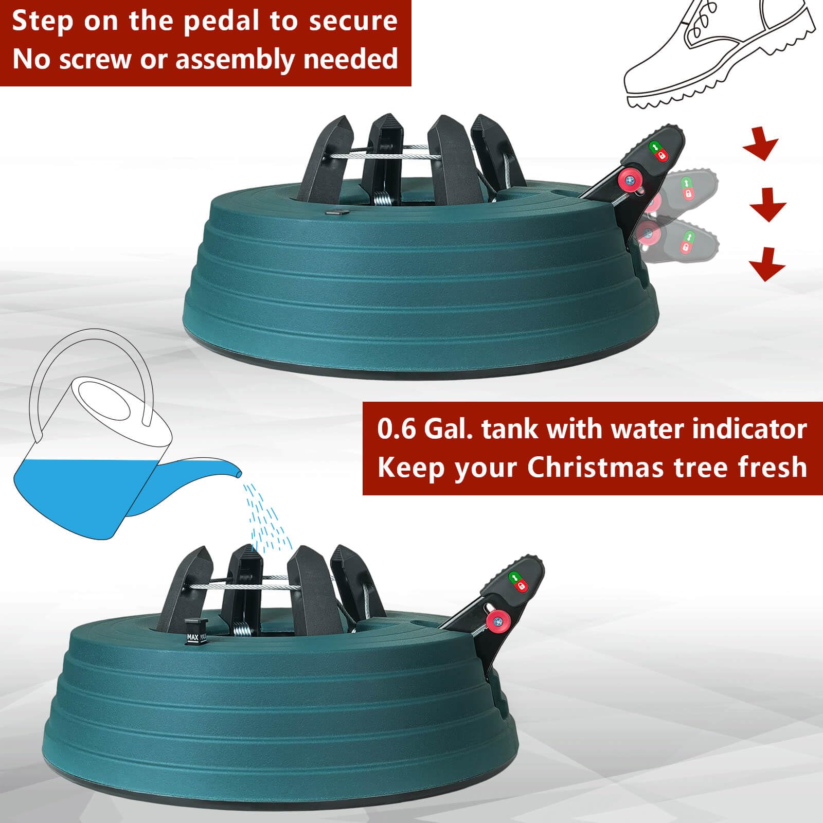 JILUVA Christmas Tree Stand with Water Reservoir, Foot Press Easy Setup, Fits up to 6 Ft Real Tree with 5.1 Diameter, Equipped w