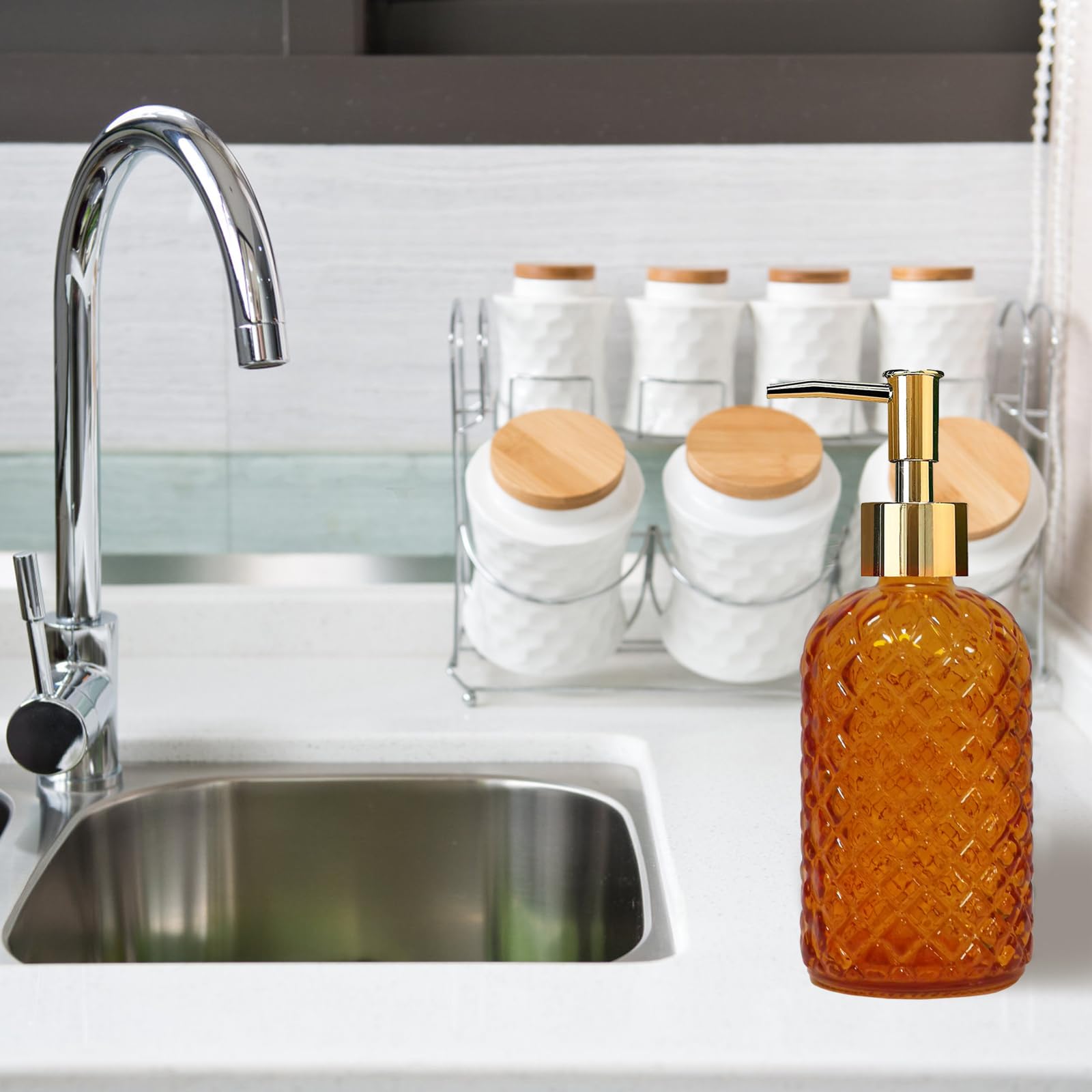 Orange Glass Soap Dispenser, 13.5Oz Bathroom Hand Dispenser, Lotion Dispenser With Gold Plastic Pump For Modern Home Decor, Kitc