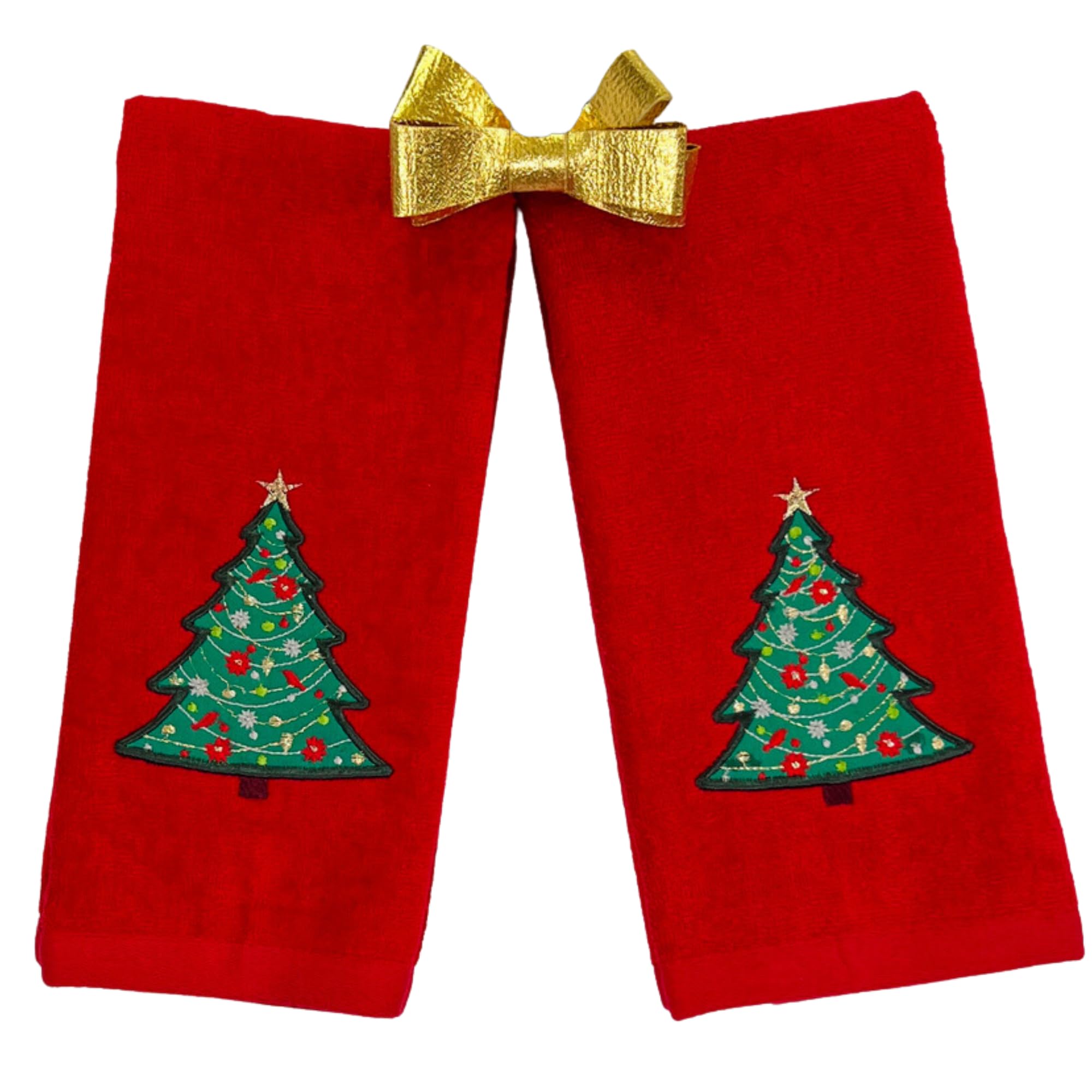 Luxury Holiday Christmas Hand Towels: Traditional Decorated Tree, Velour Terry Red Bathroom Towels, Set Of 2, 16 X 25