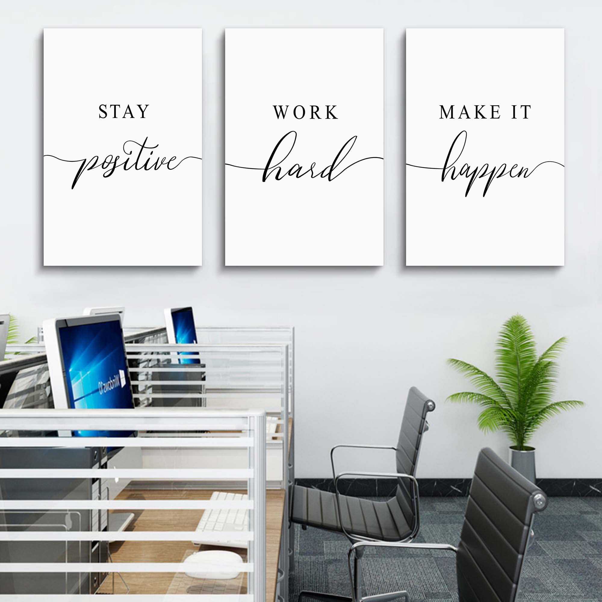 Framed Canvas Wall Art Positive Quotes Painting, Office Wall Art, White Large Poster, Positive Motivational Set Of 3 Prints, Wor