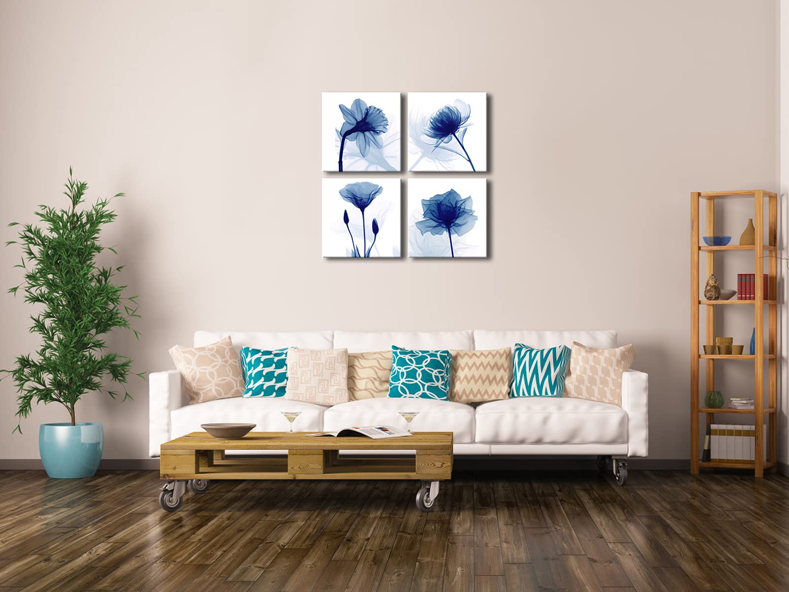 Pyradecor Blue Flickering Flower Modern Abstract Paintings Canvas Wall Art Gallery Wrapped Grace Floral Pictures On Canvas Print