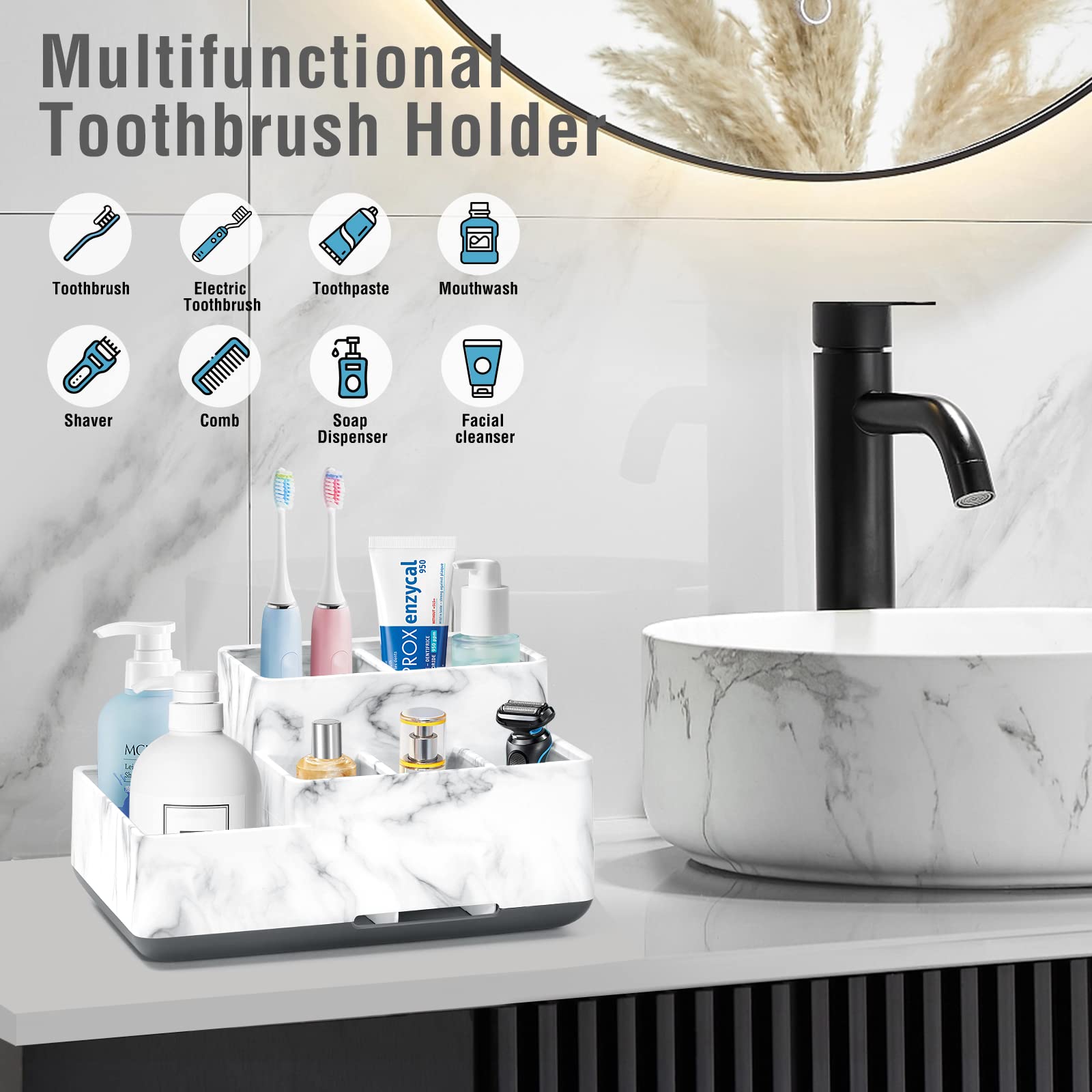 Toothbrush Holders For Bathrooms, Plastic Bathroom Countertop Organizer Compartment, Vanity Organizer Tray,Countertop Organizer