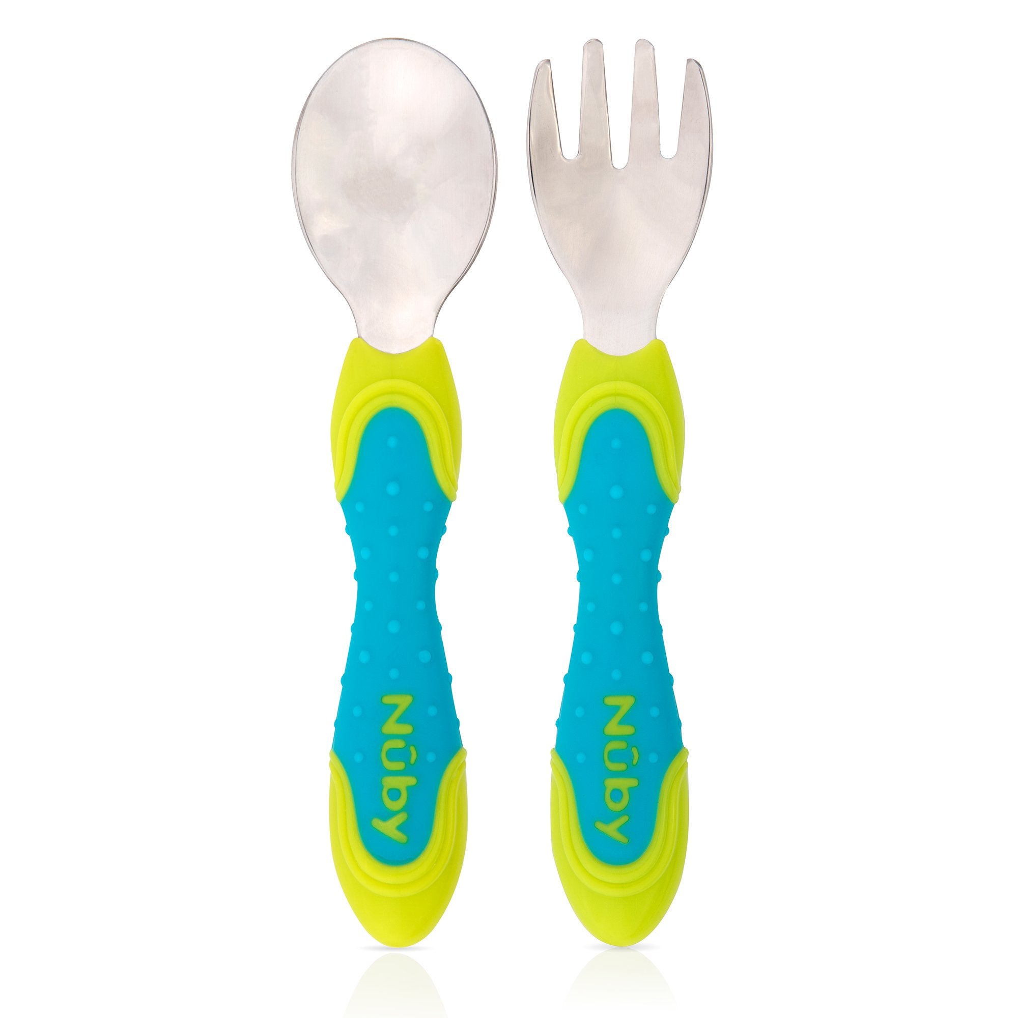 Nuby 2 Piece Stainless Steel Utensil, Blue/Green, 2 Count