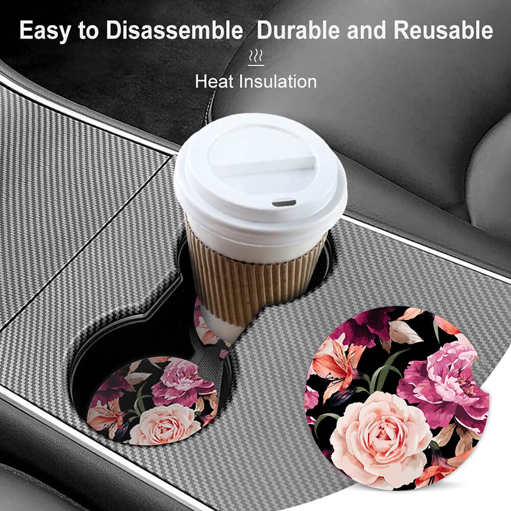 Black Rose Absorbent Cup Holders Car Coasters Ceramic Stone Drinks Coaster Set for Women Man 2.56''(2 Pack)