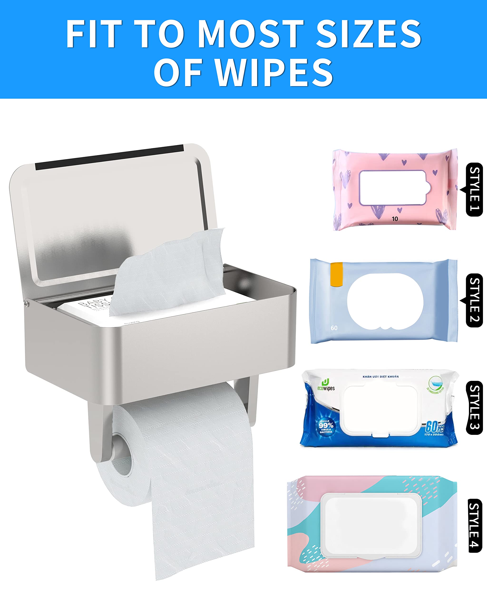 Wzkaly Toilet Paper Holder, Stainless Steel Wall Mount Bathroom Organizer With Shelf, Flushable Wipes Dispenser Storage Fits Any