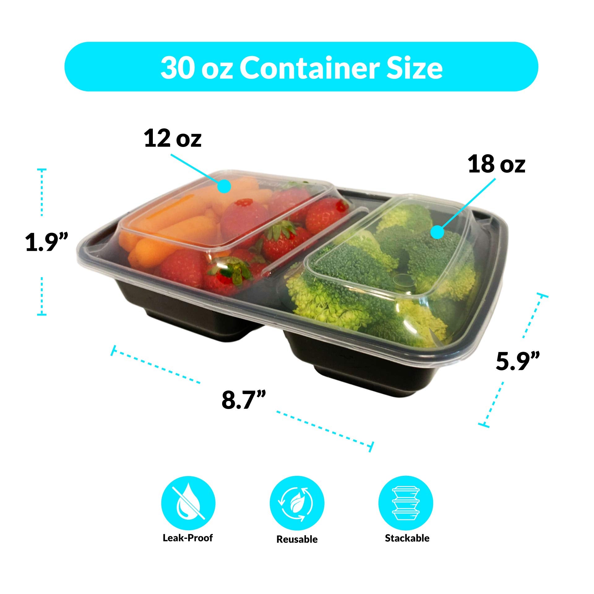 Reli. Meal Prep Containers, 30 Oz. (50 Pack) - Black 2 Compartment Food Containers With Lids, Microwavable Food Storage Containe