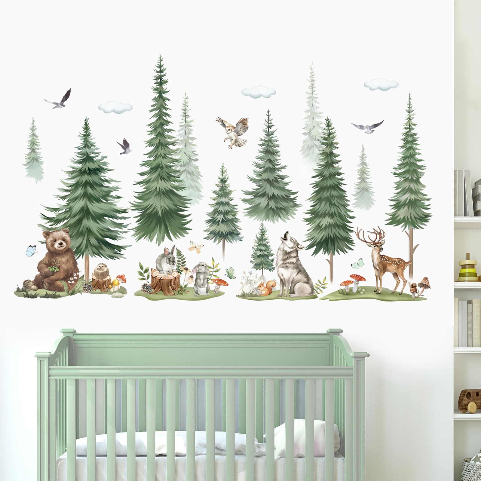 FUFUQUARE Large Mountain Tree Wall Decals Woodland Animal Bear Deer Rabbit Wall Stickers Kids Nursery Living Room Wall Decor