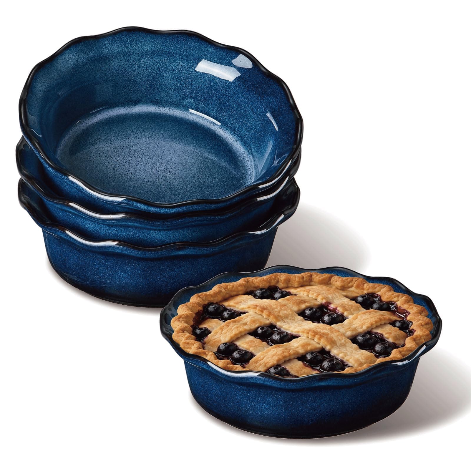 ONEMORE 6 Inch Ceramic Mini Pie Pans Set of 4, Deep Dish Pie Plates with Fluted Edges, Blue Gradient Small Baking Dishes for Pot