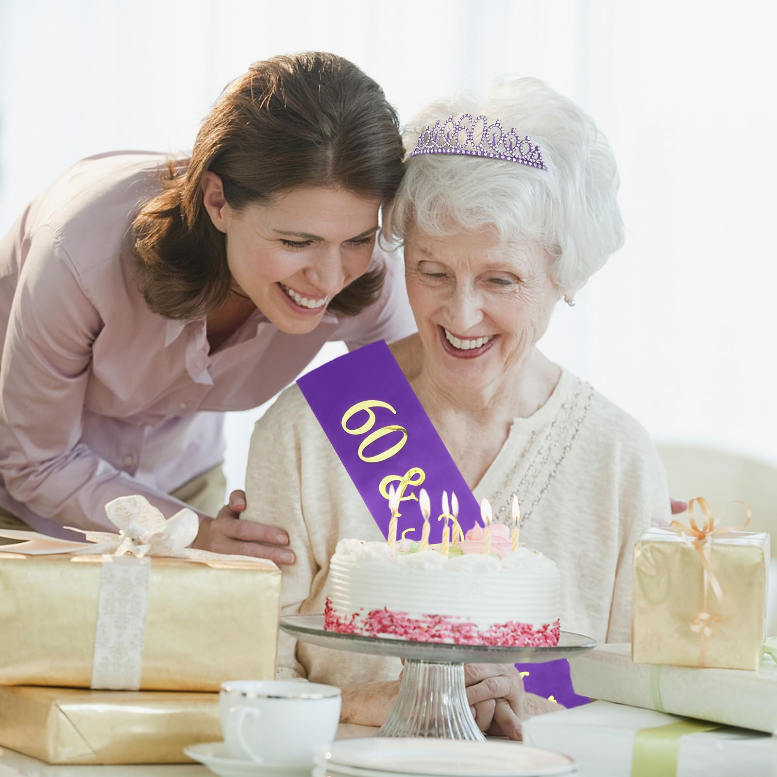 Casoty 60Th Birthday Sash And Tiara For Women, 60Th Birthday Decorations For Women, Purple 60Th Crown And 60Th Birthday Sash Set