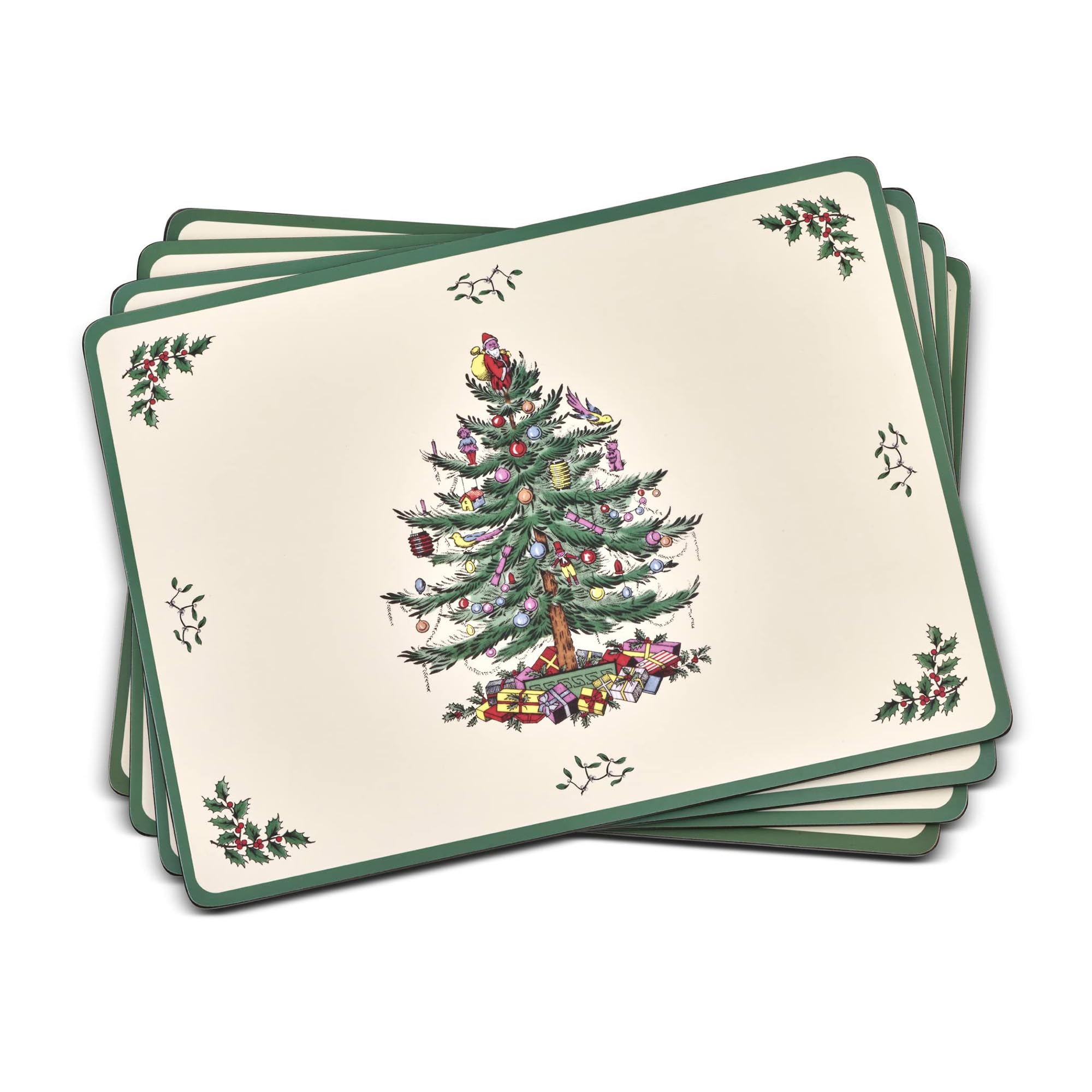 Spode Christmas Tree Placemats, Set of 4 - Cork-Backed Heat Resistant Placemats for Dining Table - Hard Board with Christmas Tre
