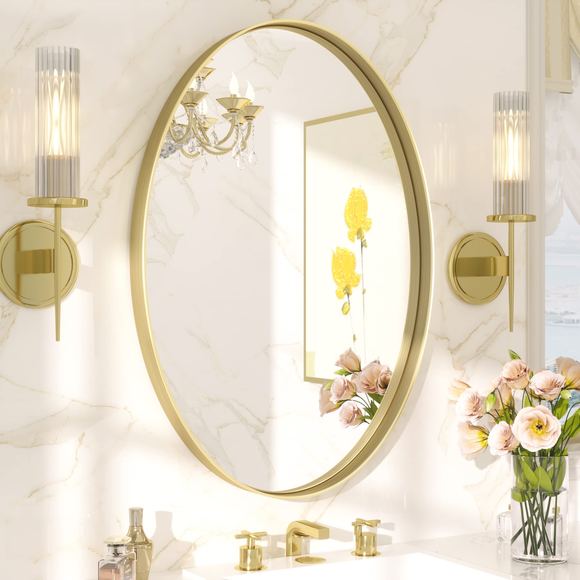 Tetote Gold Oval Bathroom Mirror, 24 X 36 Brushed Brass Framed Wall Mounted Mirror For Vanity, Modern Decorative Shatterproof Ov