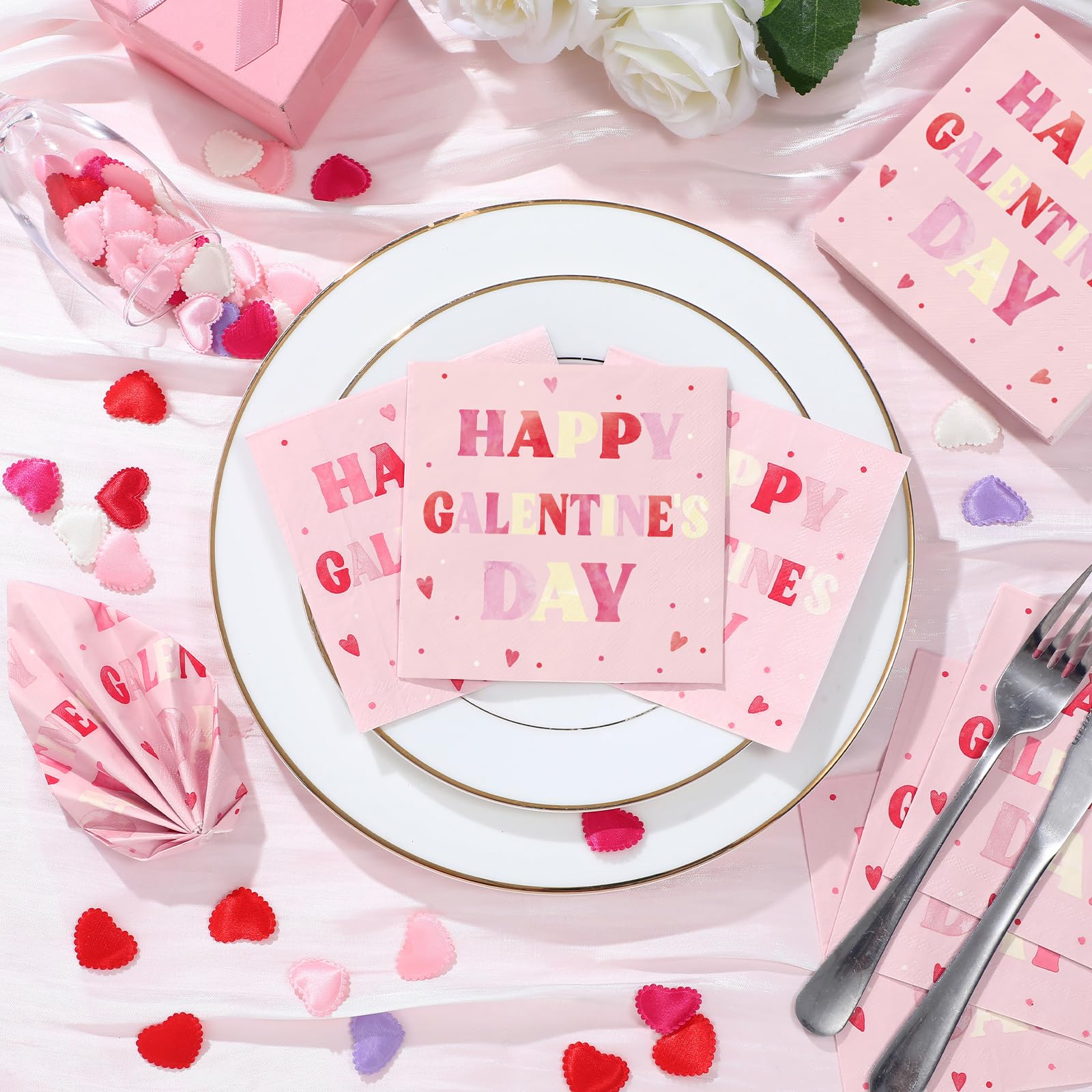 100 Pack Happy Galentine'S Day Napkins Disposable Folded Napkins 10 X 10 Inches Valentine'S Day Party Decorations Pink Paper Tow