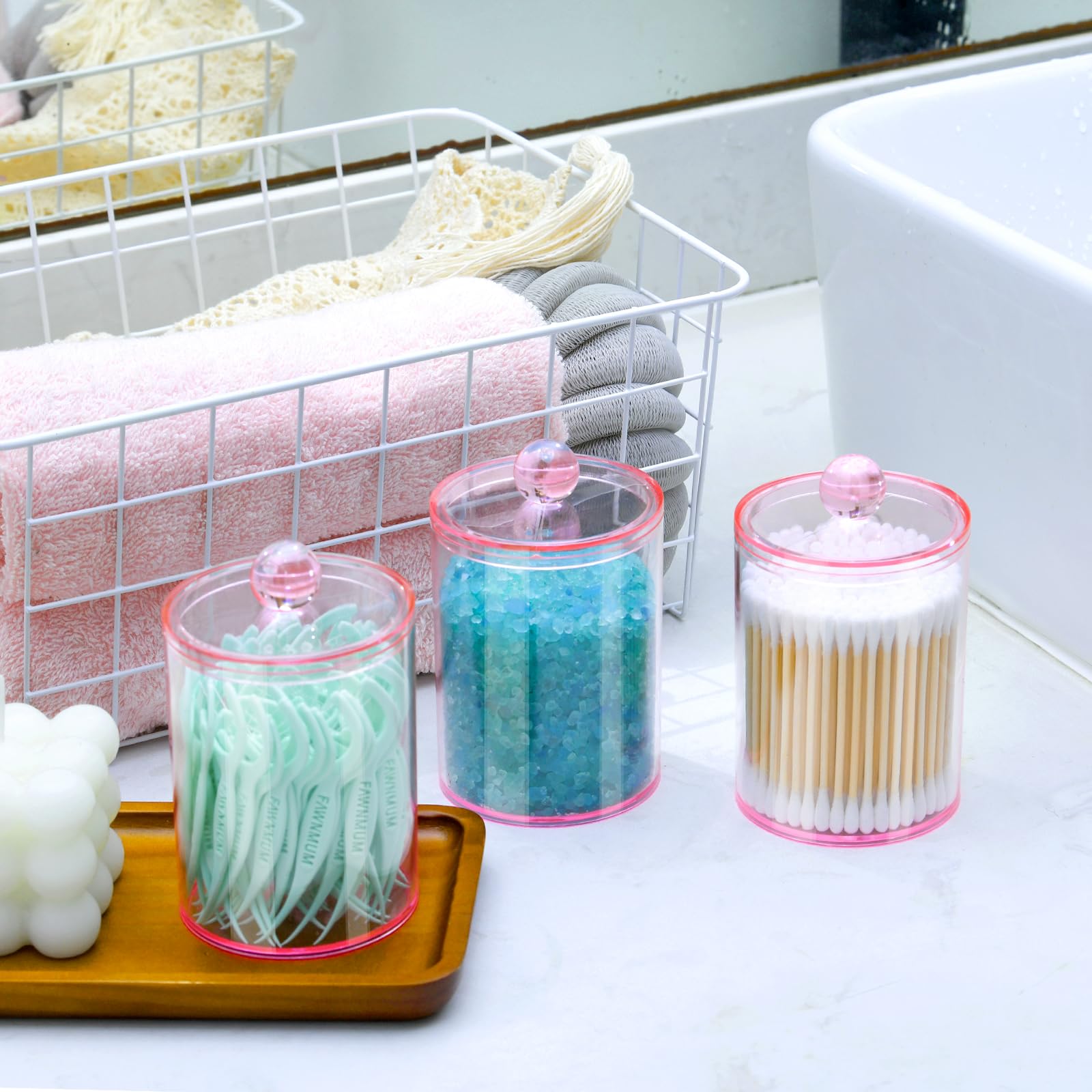 Xipengkeji Qtip Holder Dispenser, 2 Pack 10 Oz, 12 Oz Plastic Apothecary Jar Set For Bathroom Canister Storage Organization,Vani
