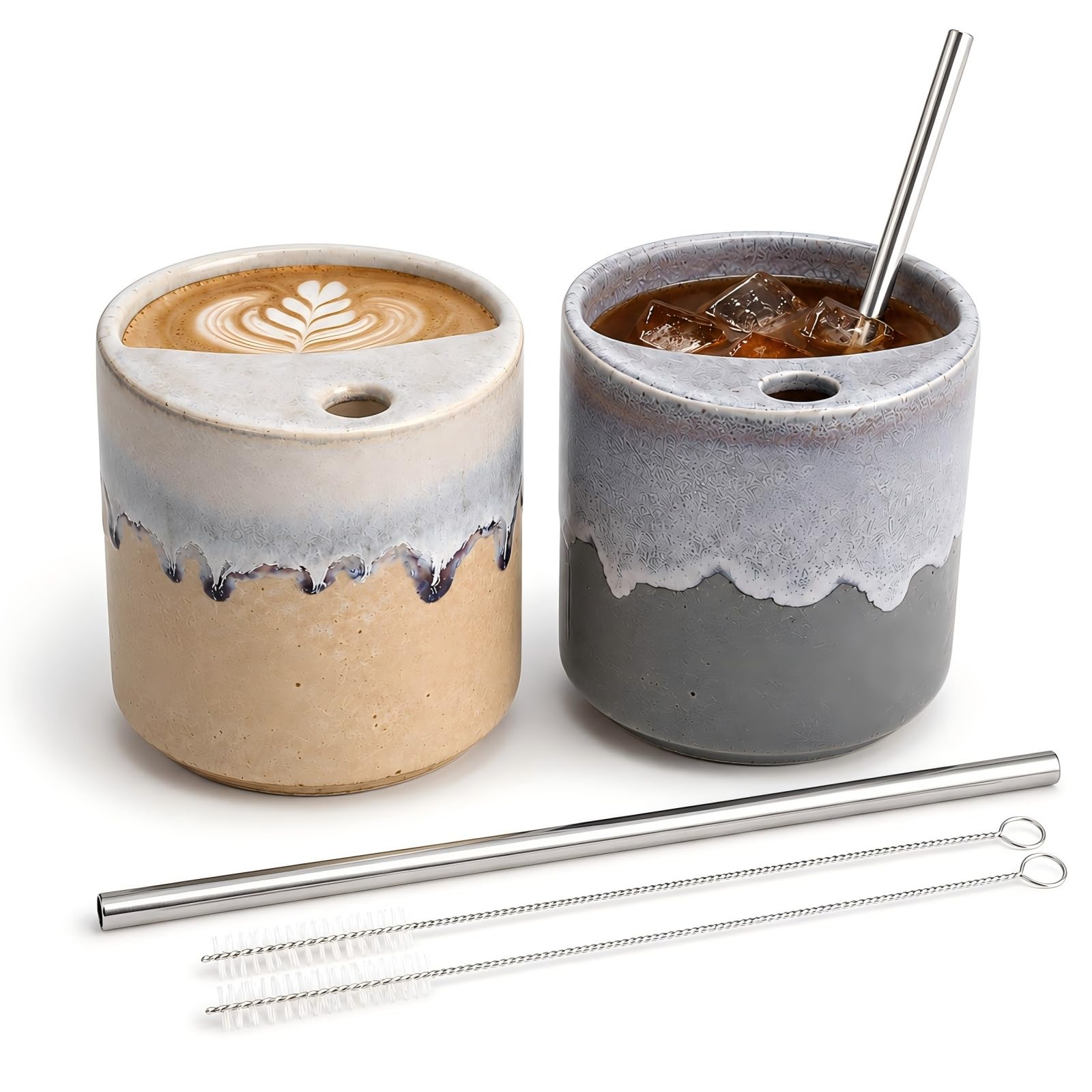 Ferrochef 2 Pack Ceramic Coffee Mug with Sip Hole Lid 17oz Handmade Kilnglazed Travel Mug with Straw, Cleaning Brush, Large Rus