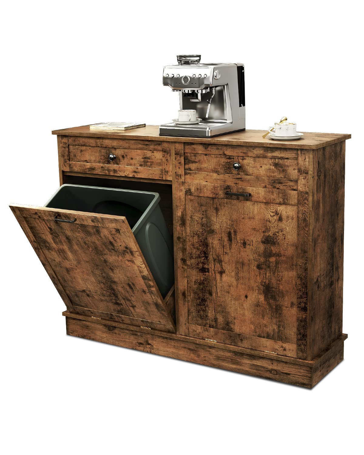 Tc-Homeny Tilt Out Trash Cabinet With Drawer, Free Standing Trash Can Cabinets, Manual And Auto Mode Shutdown Cabinet Door, Recy