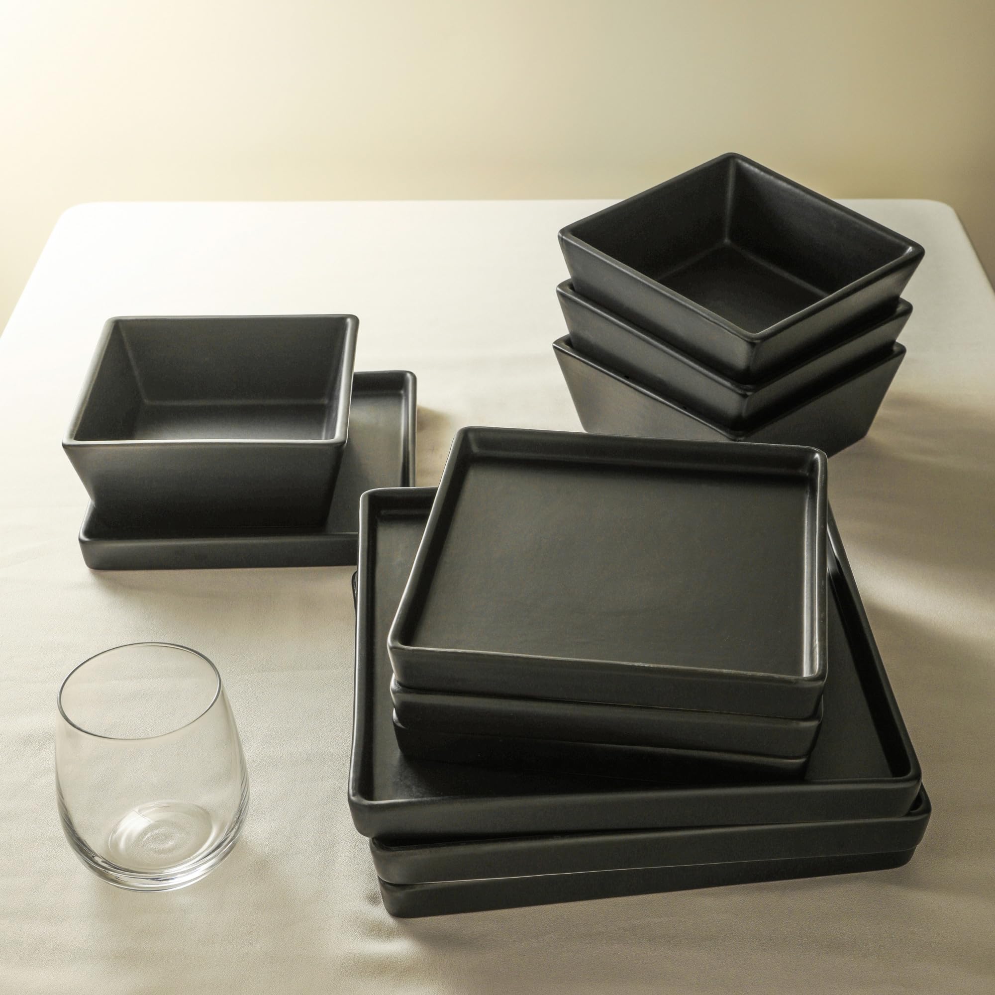 Stone Lain Grace Square Stoneware Dinnerware Set, 12 Piece Service For 4, Plates and Bowls Dish Set, Black