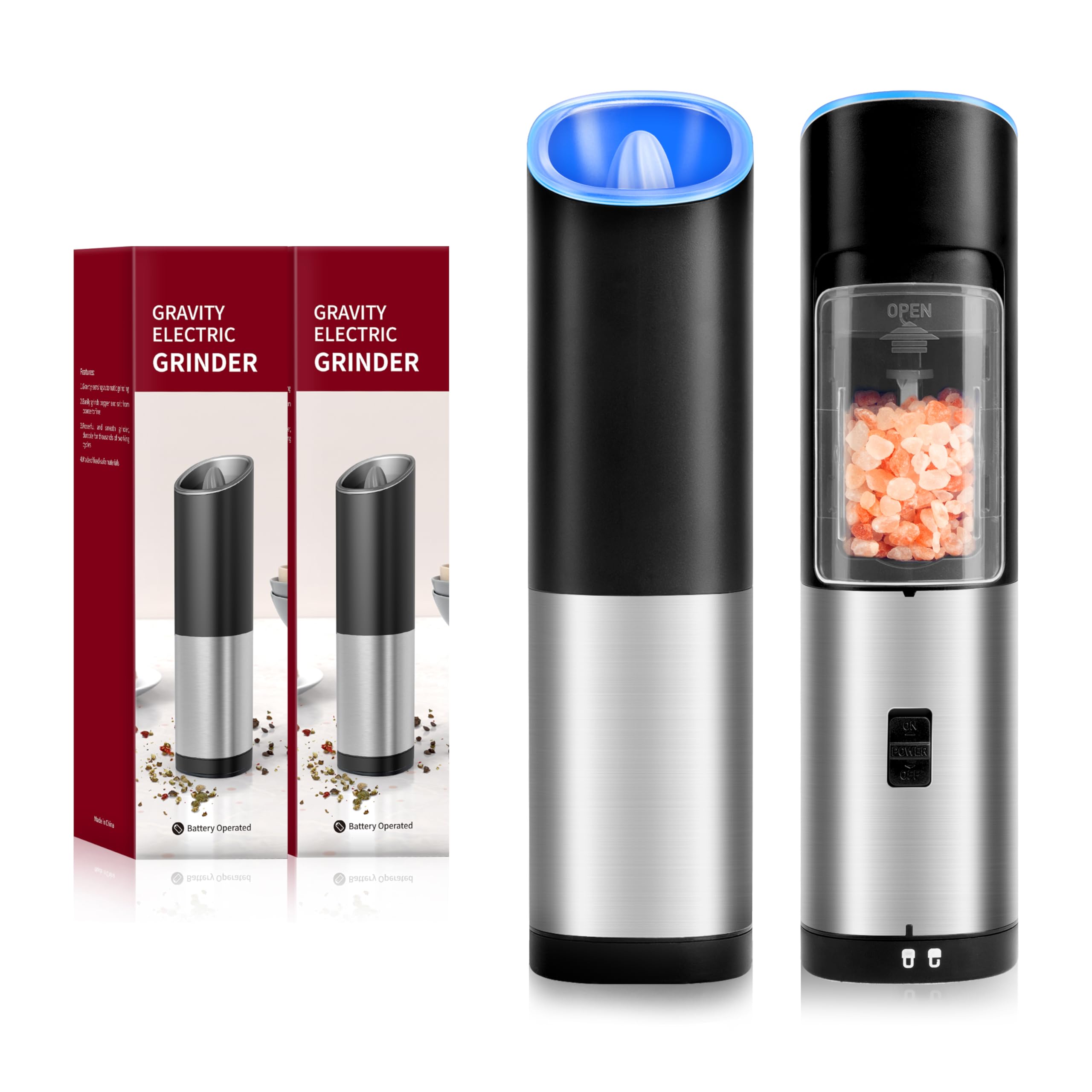 Simple Deluxe Upgraded Gravity Electric Salt and Pepper Grinder Set, Adjustable Coarseness, with Blue LED Light, One Hand Automa