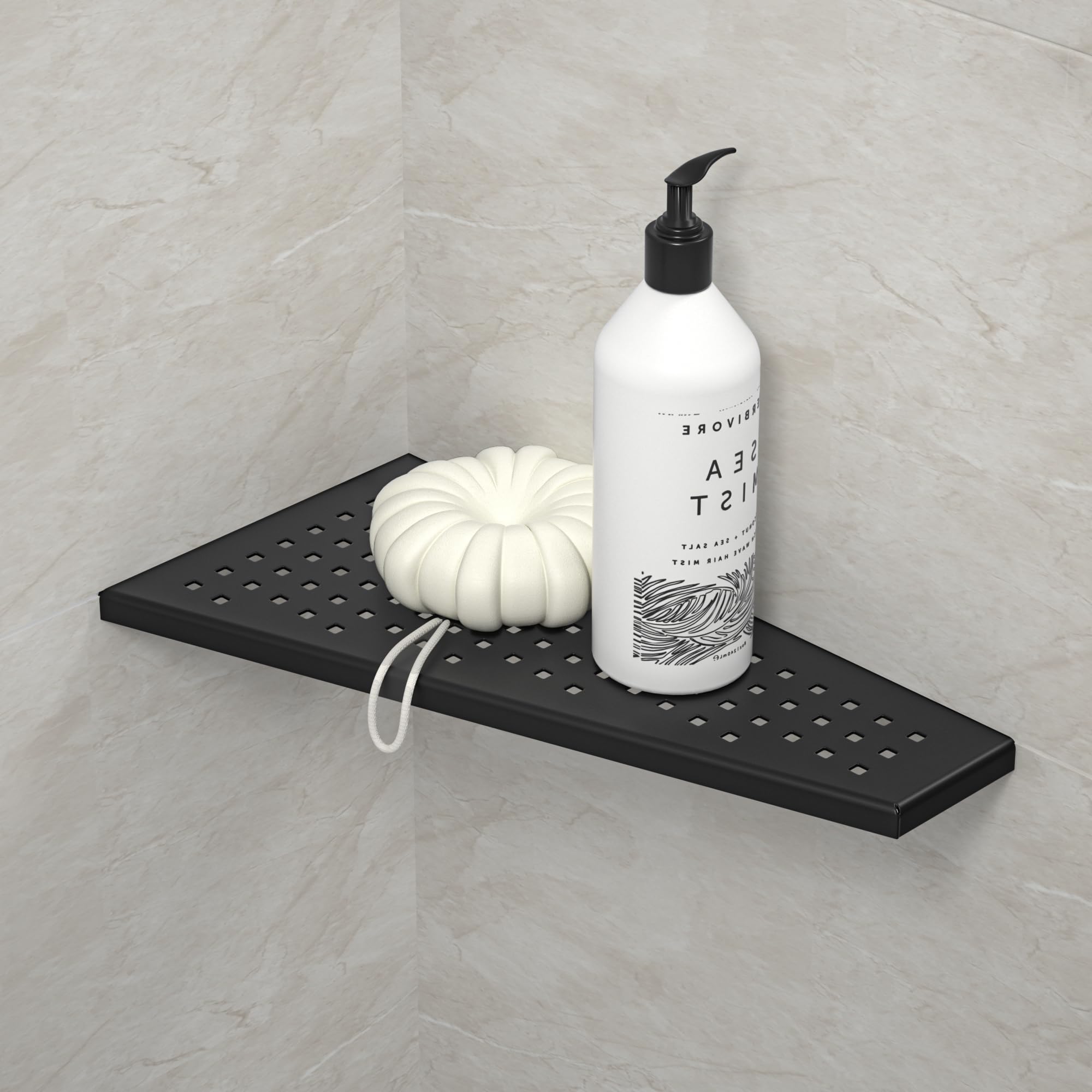 Bernkot Corner Shower Shelf, Matte Black 12'' Trapezoid Floating Shampoo Shelf, 304 Stainless Steel Grid Design Recessed Bathroo