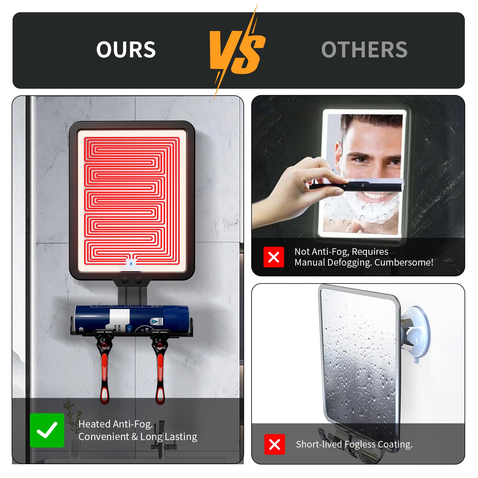 Lighted Shower Mirror Fogless For Shaving, Heated Fog Free Large 9.5*7Inch 3 Color Modes Dimming Shower Shaving Mirror With Ligh