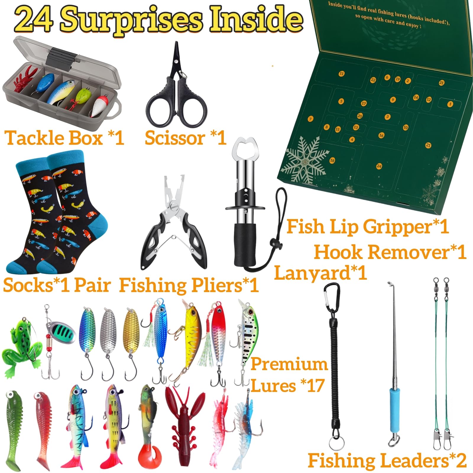 Fishing Advent Calendar 2025 for Men, 24-Day Fishing Tackle Advent Calendar with Lures, Tools, Tackle Box & Holiday Surprises, C
