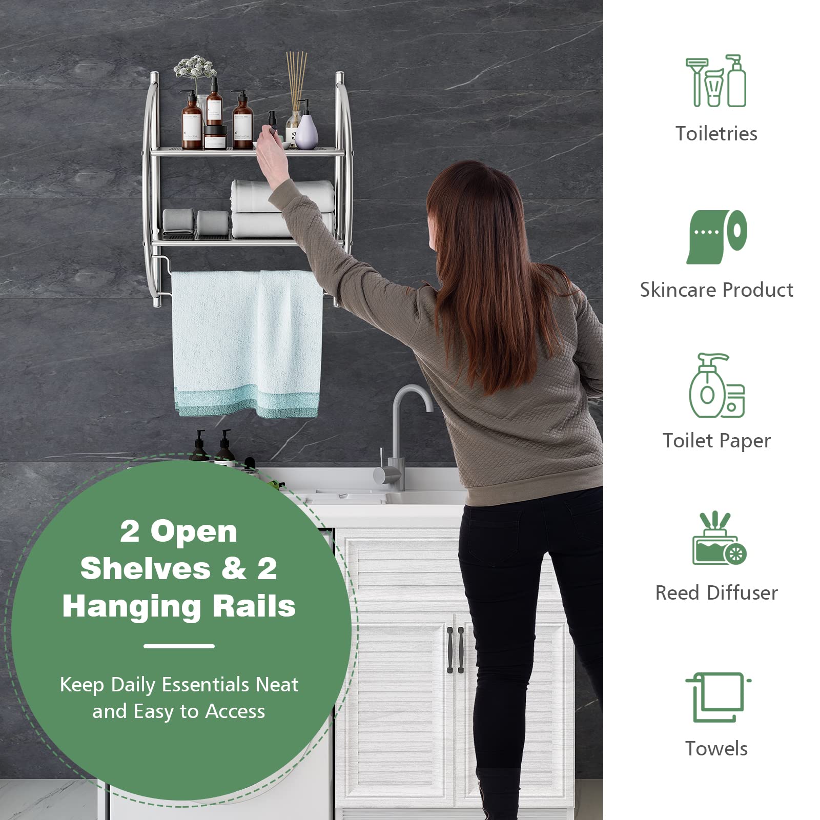 S Afstar 2 Pack Towel Racks For Bathroom, 2-Tier Chrome Bathroom Towel Holders With Leaky Design Shelves & Towel Bars, Wall Moun