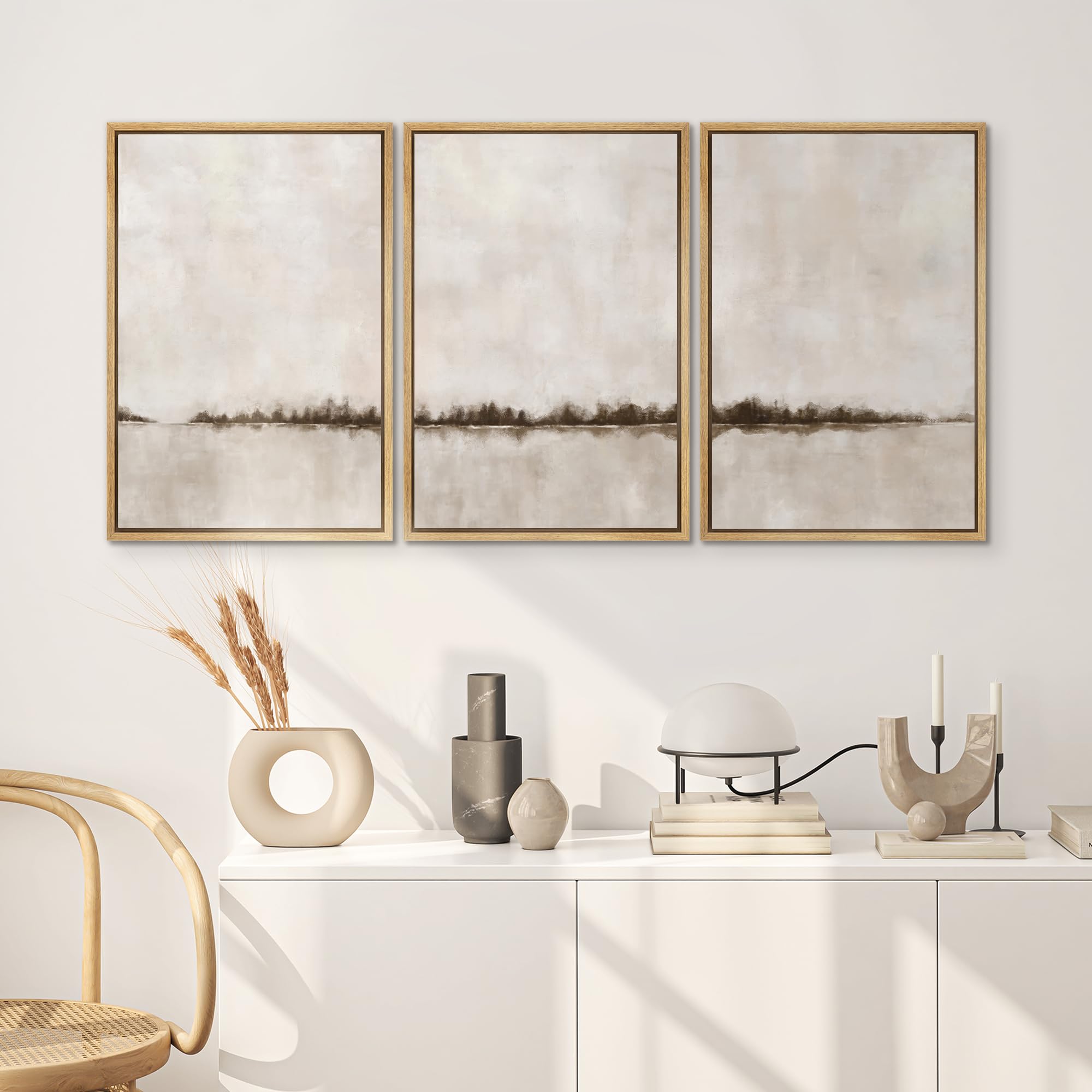 Signwin Framed Canvas Print Wall Art Set Brown Tan Pastel Watercolor Grunge Landscape Abstract Shapes Illustrations Decorative R