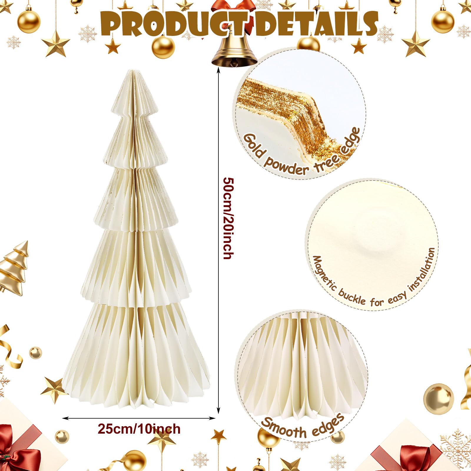 Motipuns 2 Pcs 20 Inch Large Paper Christmas Trees Decorations 3D White Honeycomb Neutral Christmas Trees Glitter Edge Magnetic