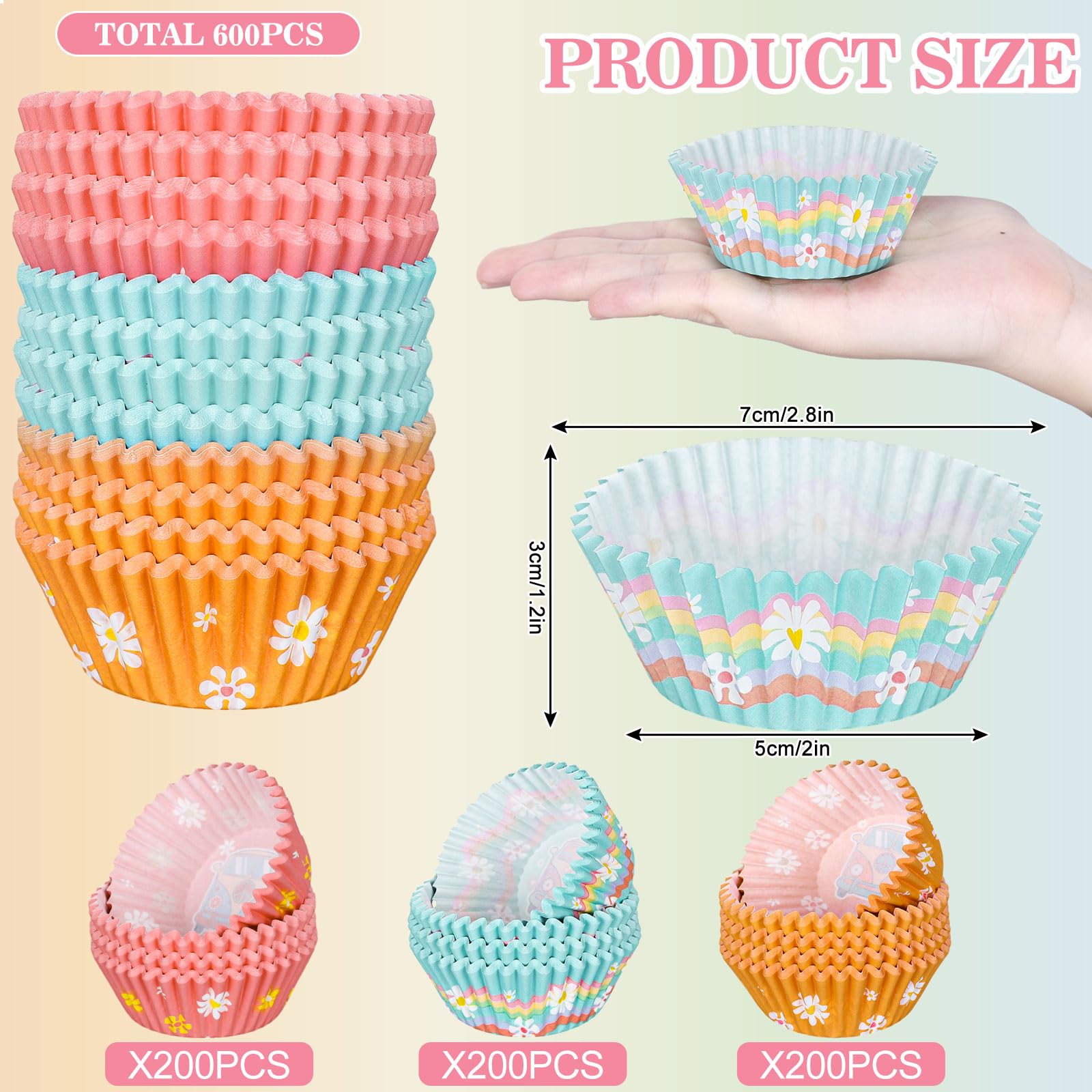 Whaline 600Pcs Back To School Hippie Bus Cupcake Liners Retro Groovy Party Cupcake Wrappers Cartoon Bus Paper Baking Cups Baking