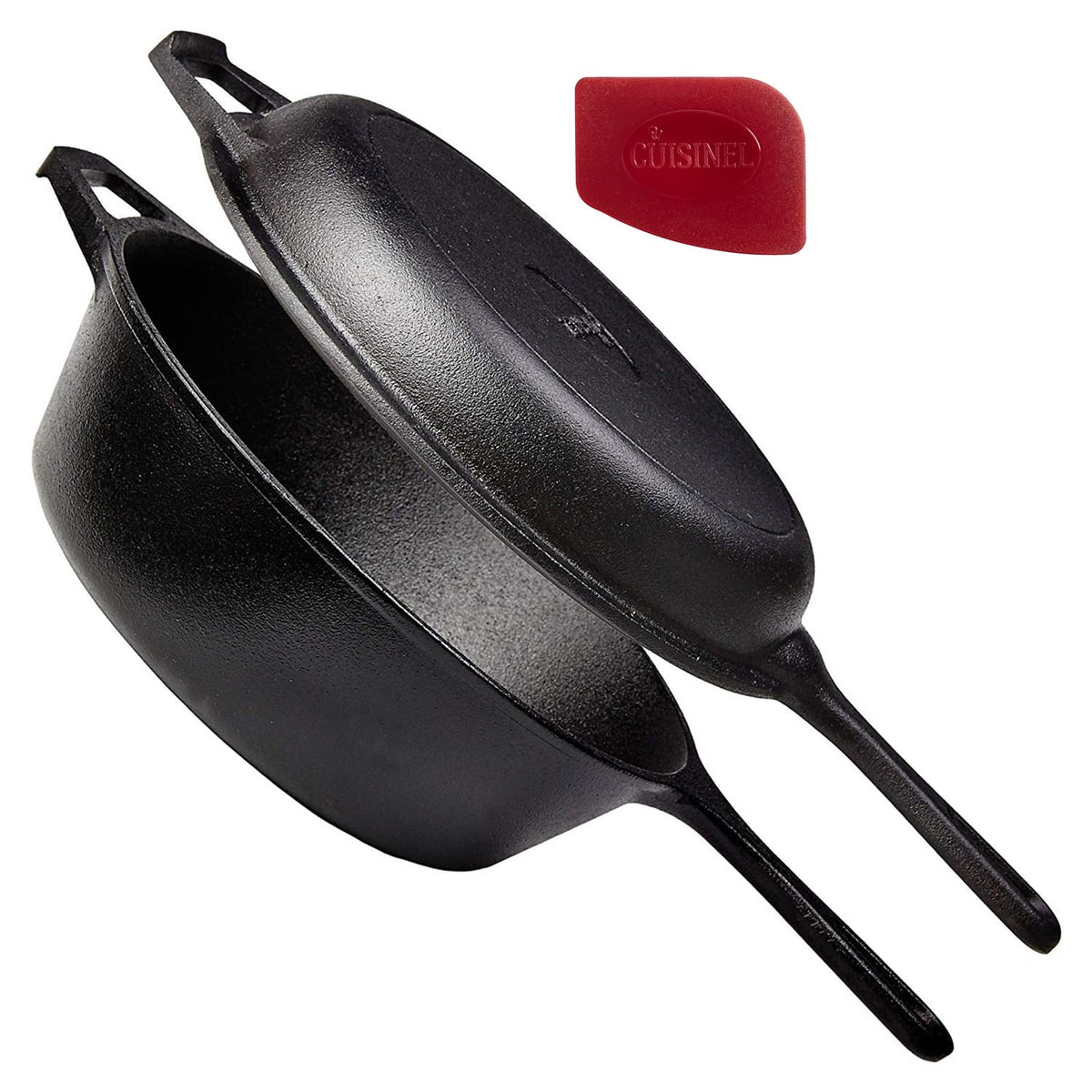 Cuisinel Cast Iron Skillet + Lid - 2-In-1 Multi Cooker - Deep Pot + Frying Pan - 3-Qt Dutch Oven - Pre-Seasoned Oven Cookware -