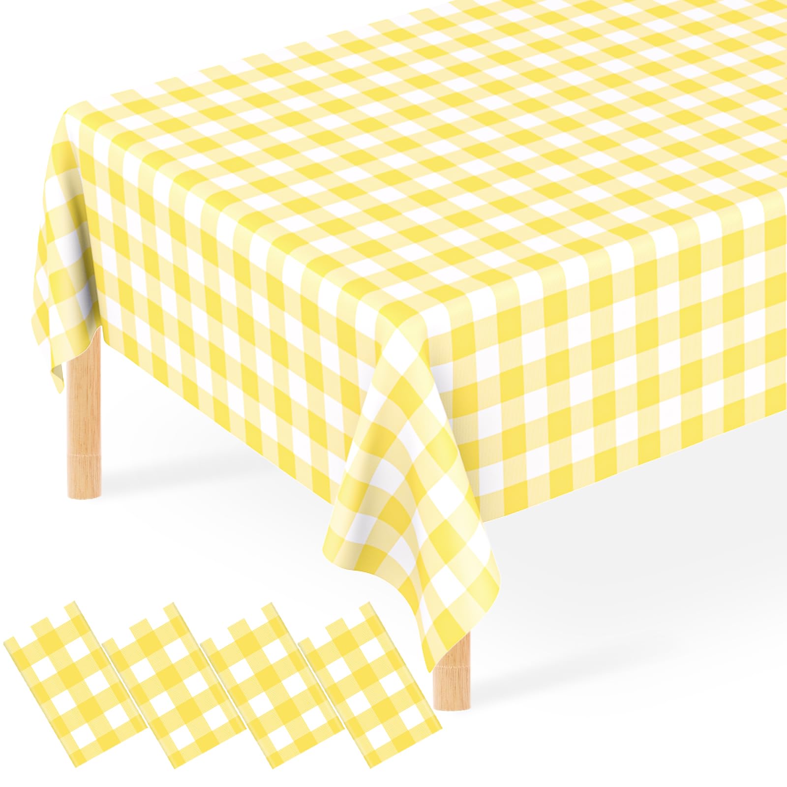 4 Pcs Yellow Gingham Tablecloth, Disposable Plastic Yellow Checkered Table Cloth, Yellow & White Plaid Table Cover for Outdoor P