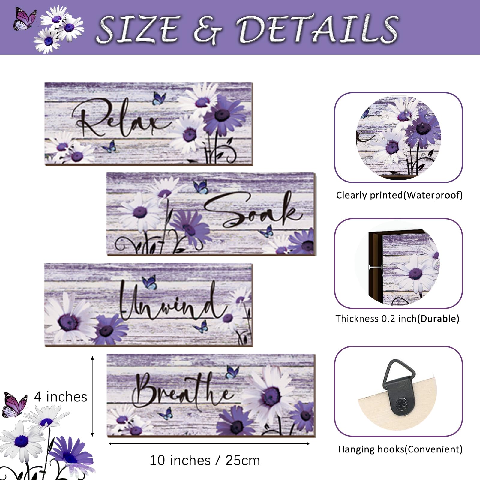 ZINYAZHE 4 Pcs Farmhouse Bathroom Wall Decor - Purple Daisy Floral Flowers and Butterfly Wall Art - Relax Soak Unwind Breathe Ru