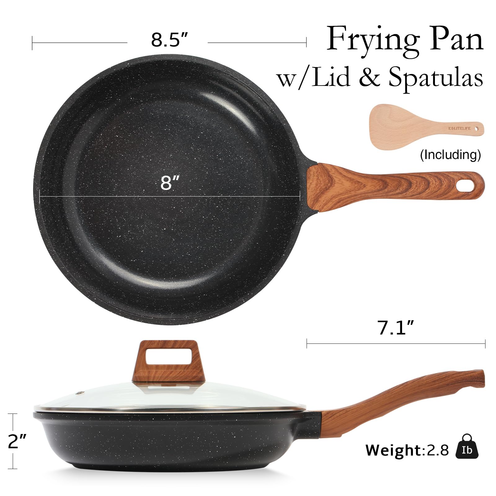 ESLITE LIFE Nonstick Ceramic Frying Pan Skillet with Lid, 8" Black, PTFE & PFOA Free, Compatible with All Stovetops (Model: ES-FP