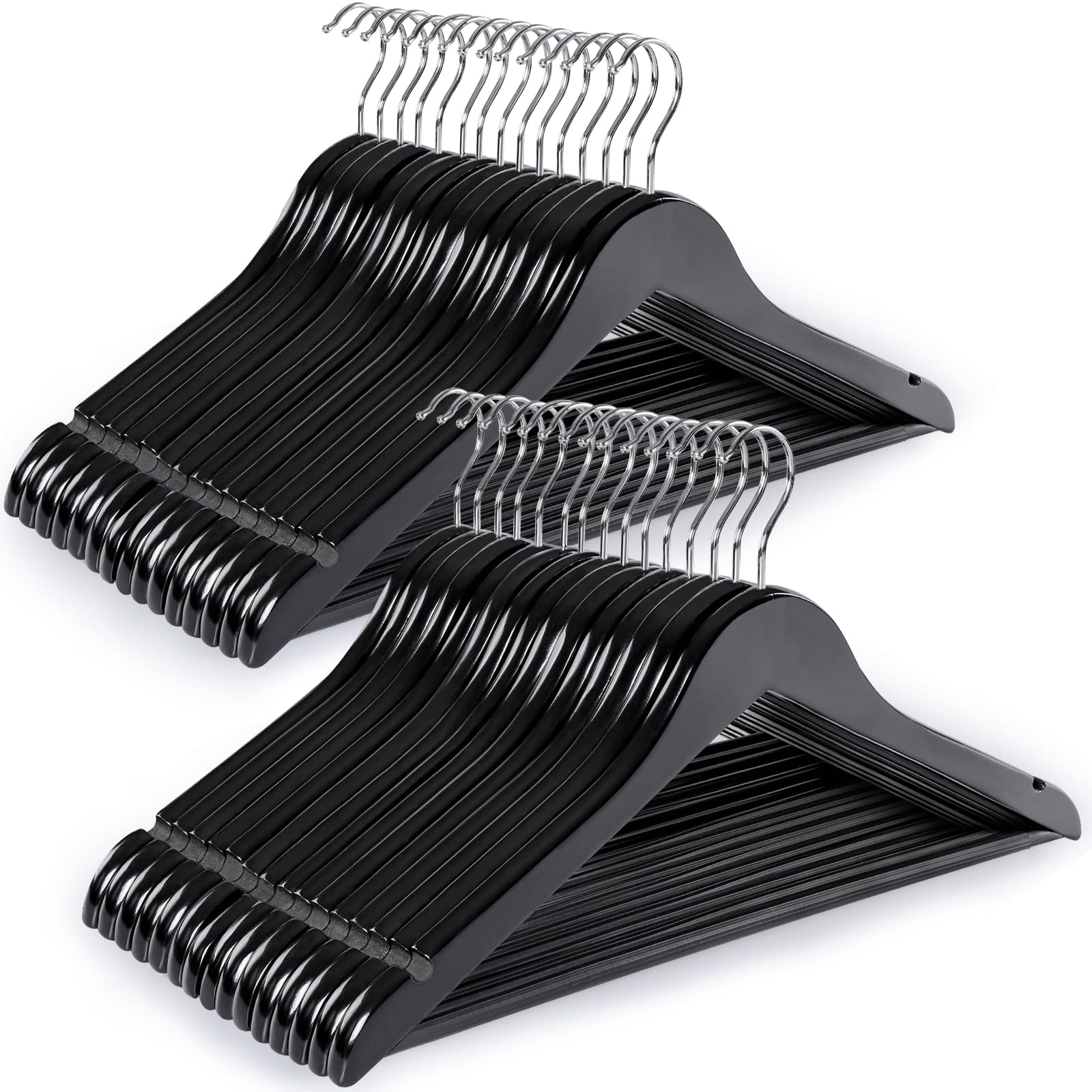 Topia Hanger Wooden Coat Hangers 30 Pack, Black Wood Suit Hangers With Non Slip Pants Bar, 360 Swivel Hook And Shoulder Notches