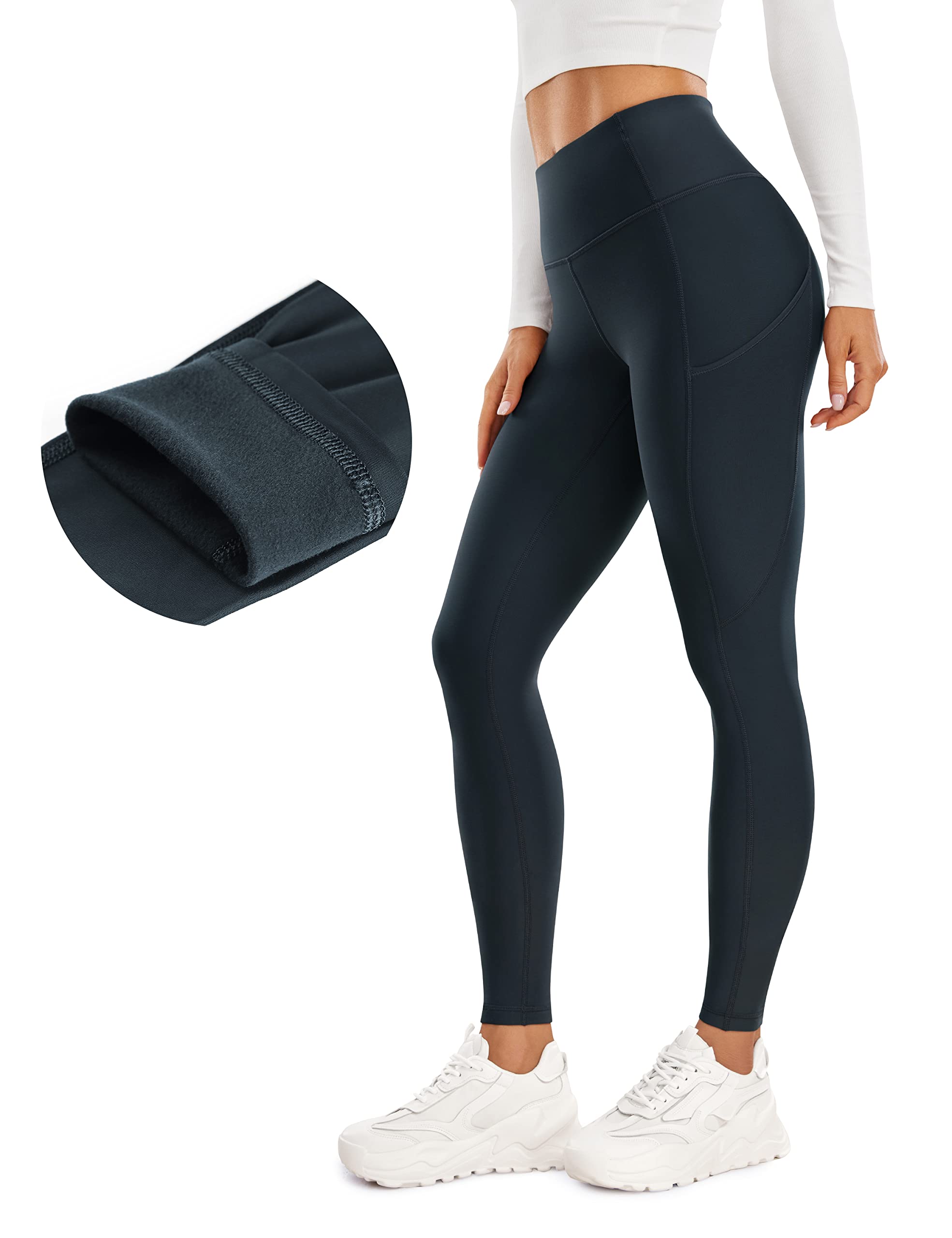 Crz Yoga Thermal Fleece Lined Leggings Women 28 - Winter Warm High Waisted Hiking Pants With Pockets Workout Running Tights True