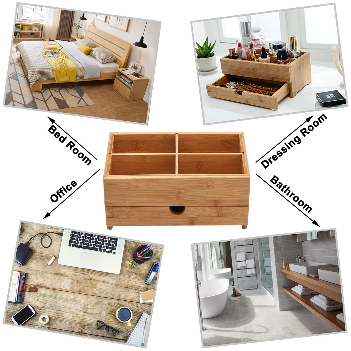 GOBAM Bamboo Makeup Organizer - Large Natural Wooden Storage with Drawer for Bathroom, Bedroom, Vanity & Dresser - Model 102