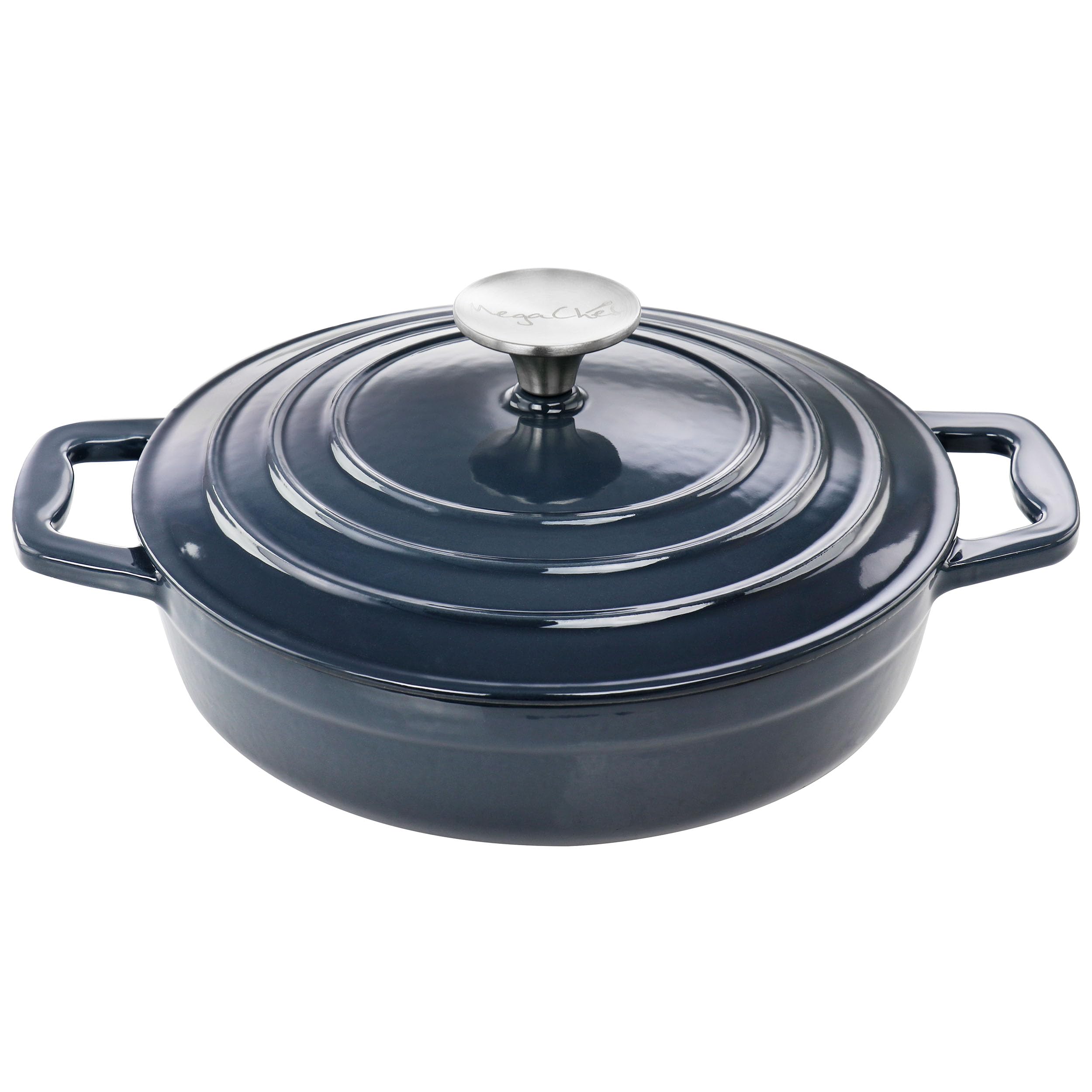 MegaChef 2 Quart Round Enameled Cast Iron Braiser Pan - Dark Blue, Model BRS22, Durable Cookware for Versatile Cooking