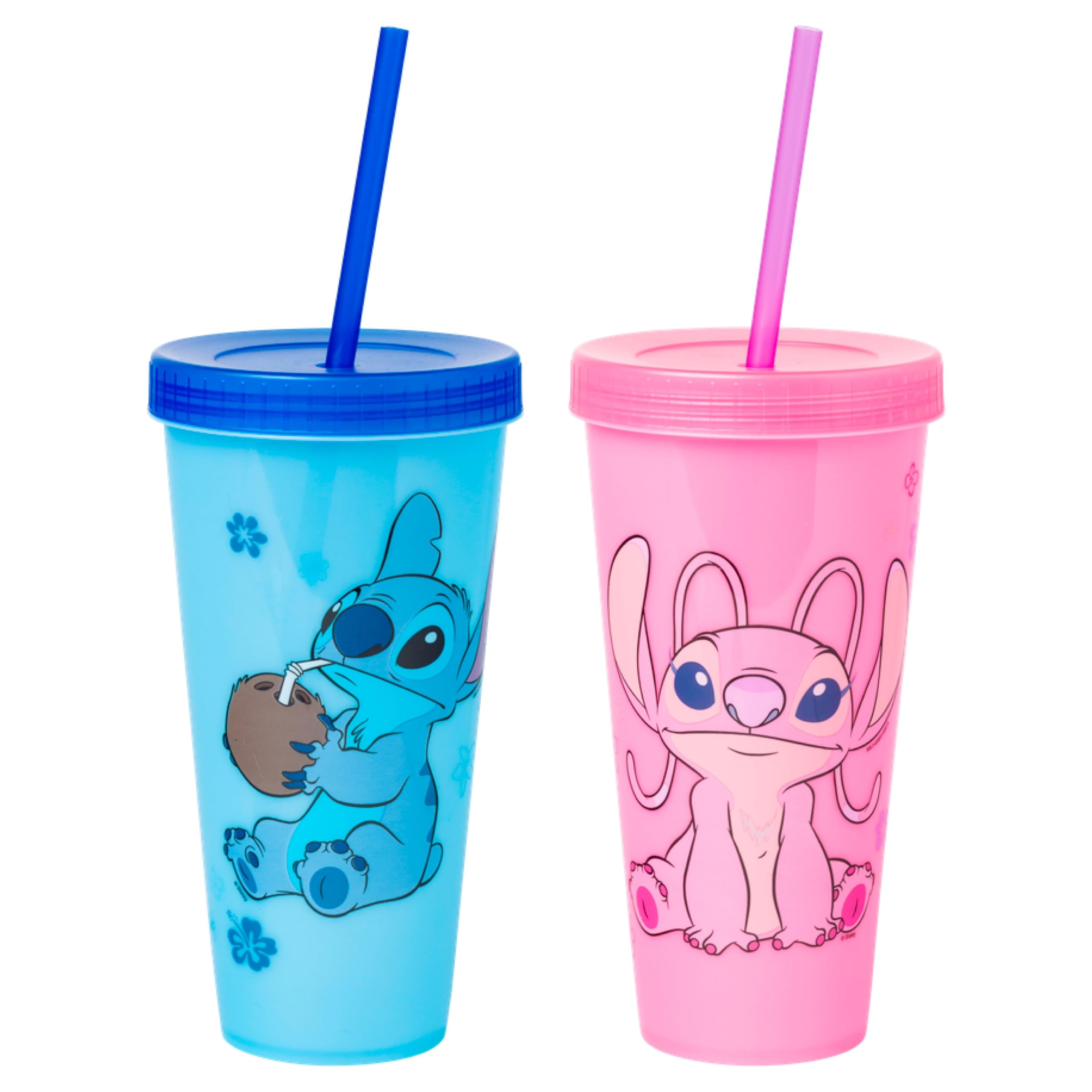 Silver Buffalo Disney Lilo And Stitch Angel Coconut Flowers 2 Pack Color Change Plastic Tumbler, 24-Ounce