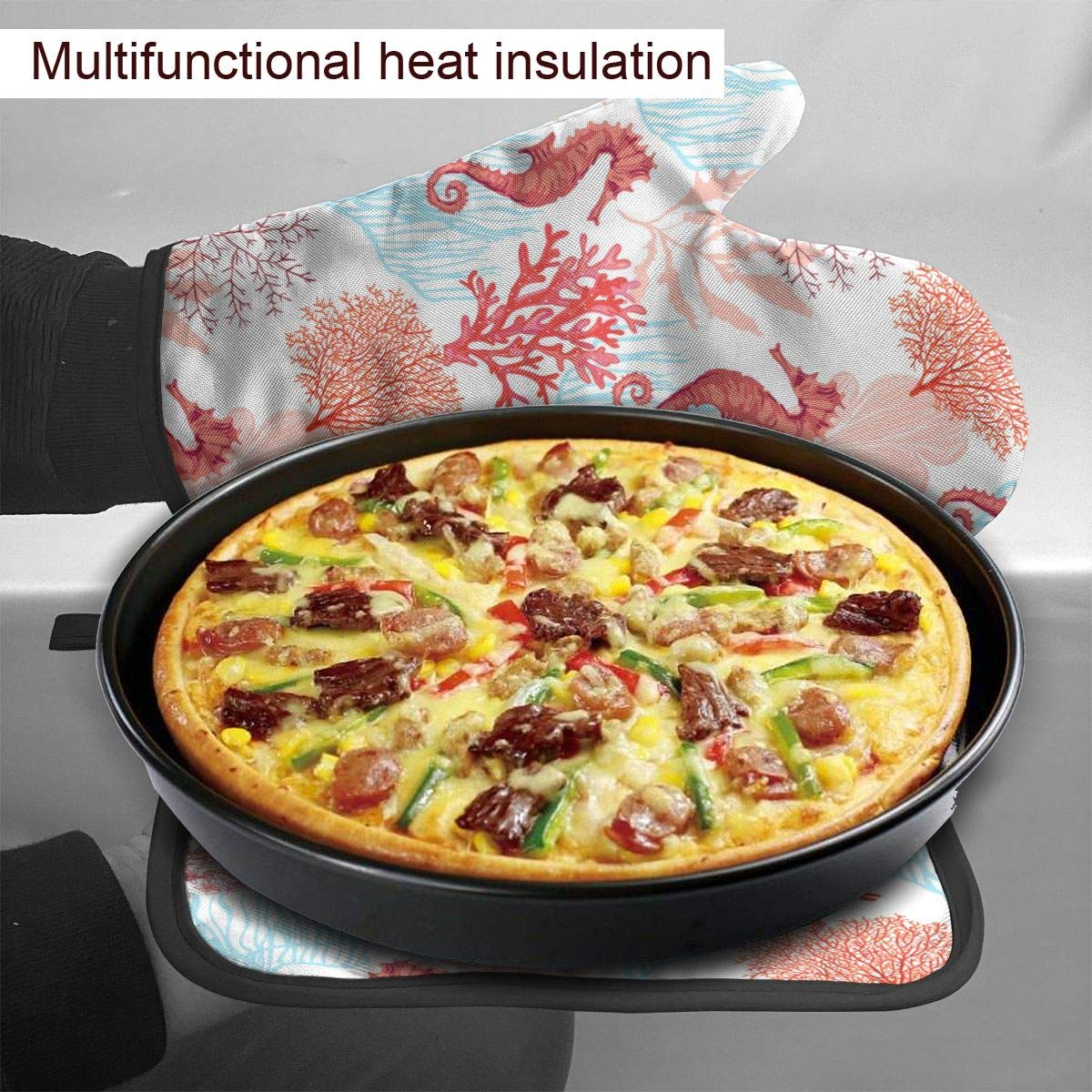 Vunko Sea Horse Oven Mitts And Pot Holders Sets Heat Resistant Coral Oven Gloves With Non-Slip Surface For Safe Bbq Cooking Baki