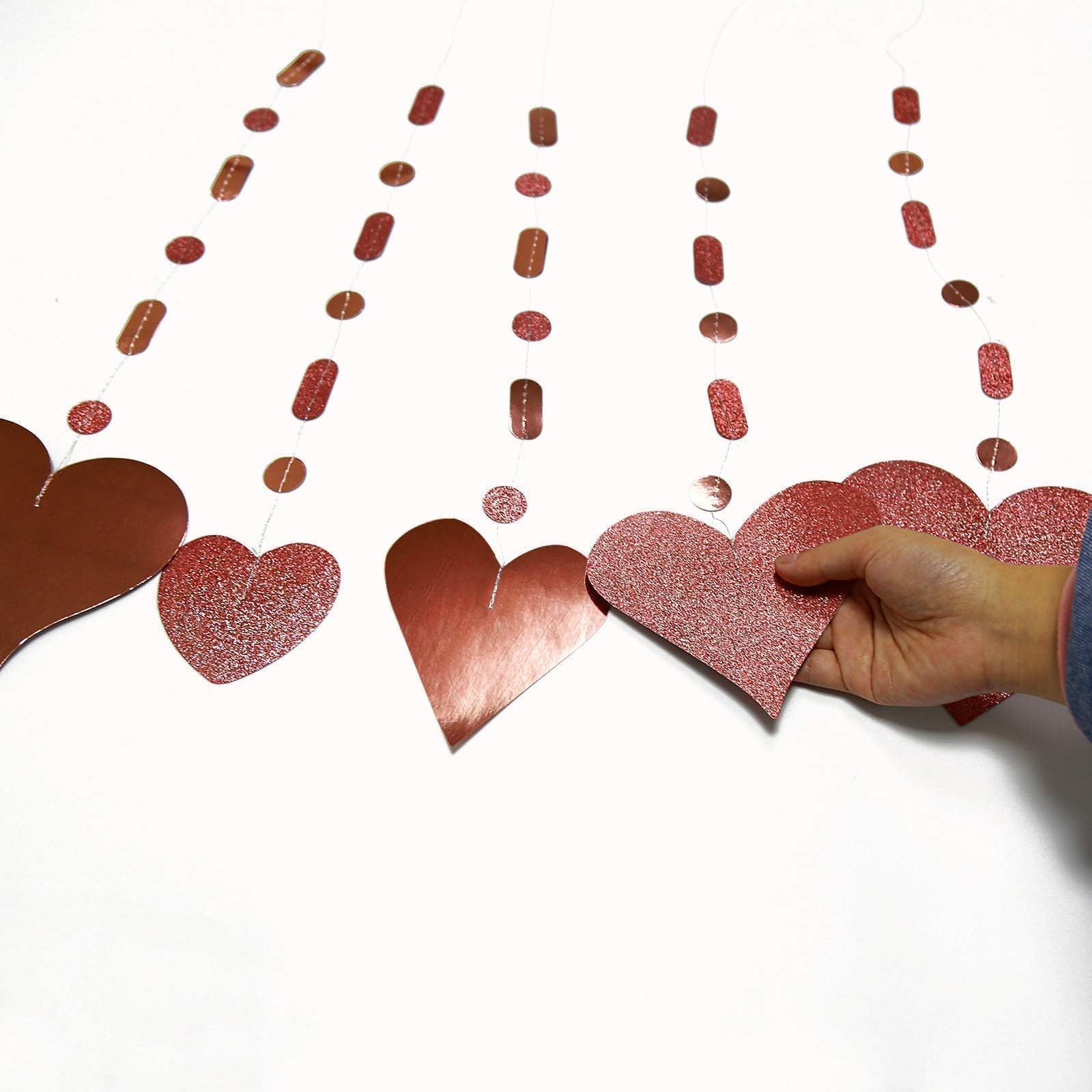 Cheerland 16 Pcs Glitter Rose Gold Heart Garland Decorations Hanging Garlands Streamer Banner Backdrop Valentines Mother's Day Wedding Anniversary Engagement Birthday Party Supplies Red Glittering